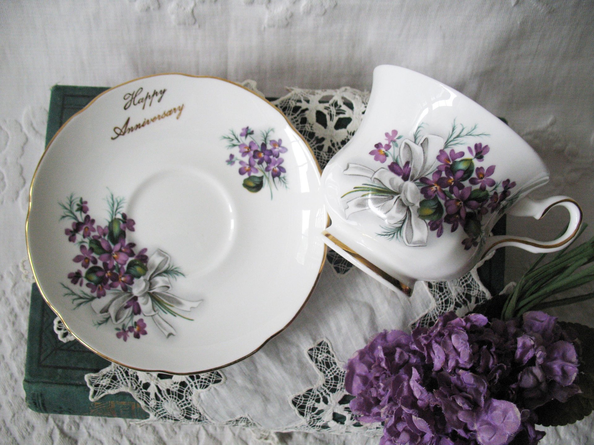 Vintage Tea Cup English Bone China Violets Happy Anniversary  Retro Tea Gift Classic Mid Century Modern Shabby Chic Tea  WhenRosesBloom