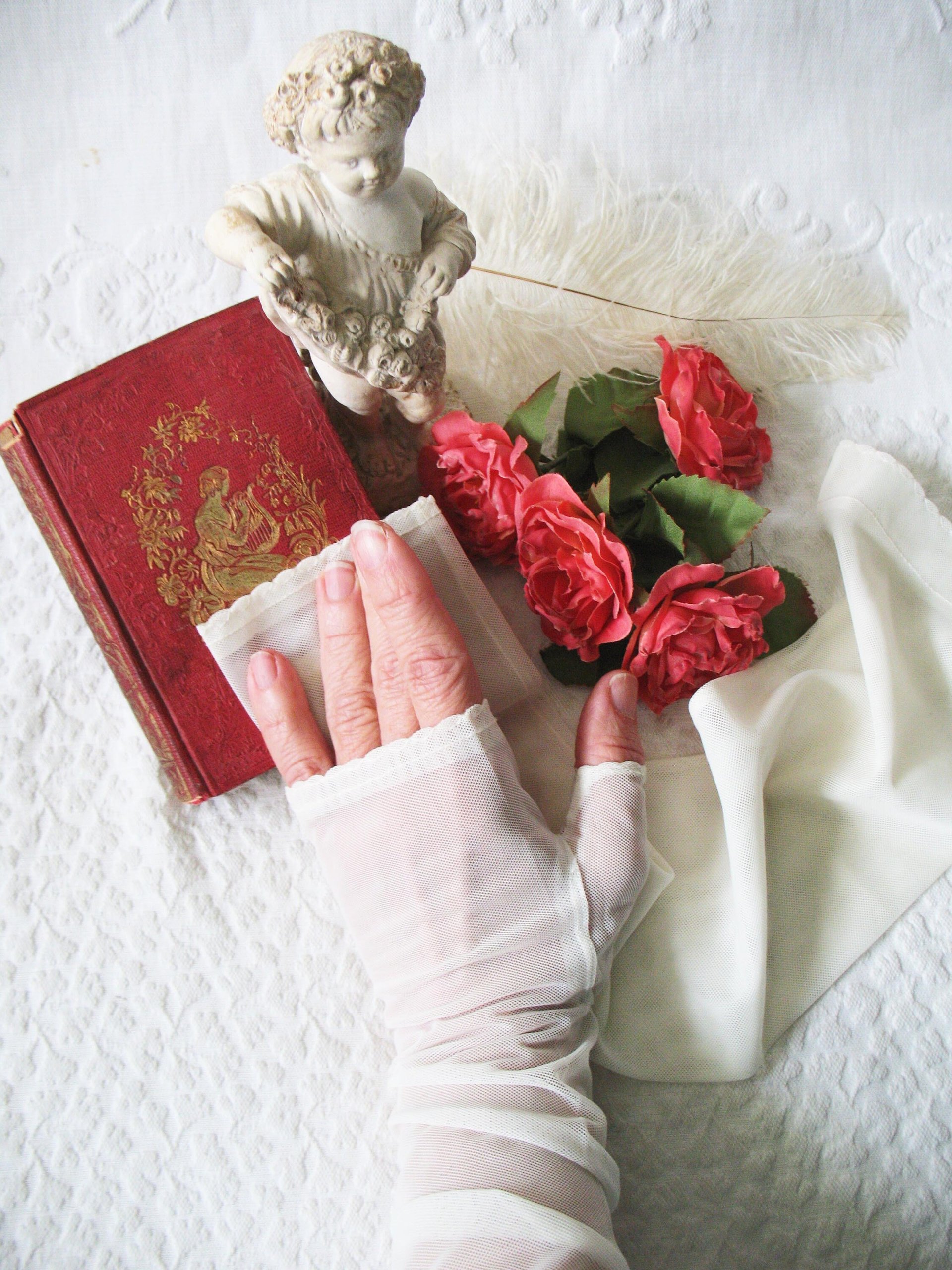 Vintage Fingerless Gloves White Victorian Lace Antique Wedding Downton Titanic Austen Victoria Dickens Cosplay Free Ship US When Roses Bloom