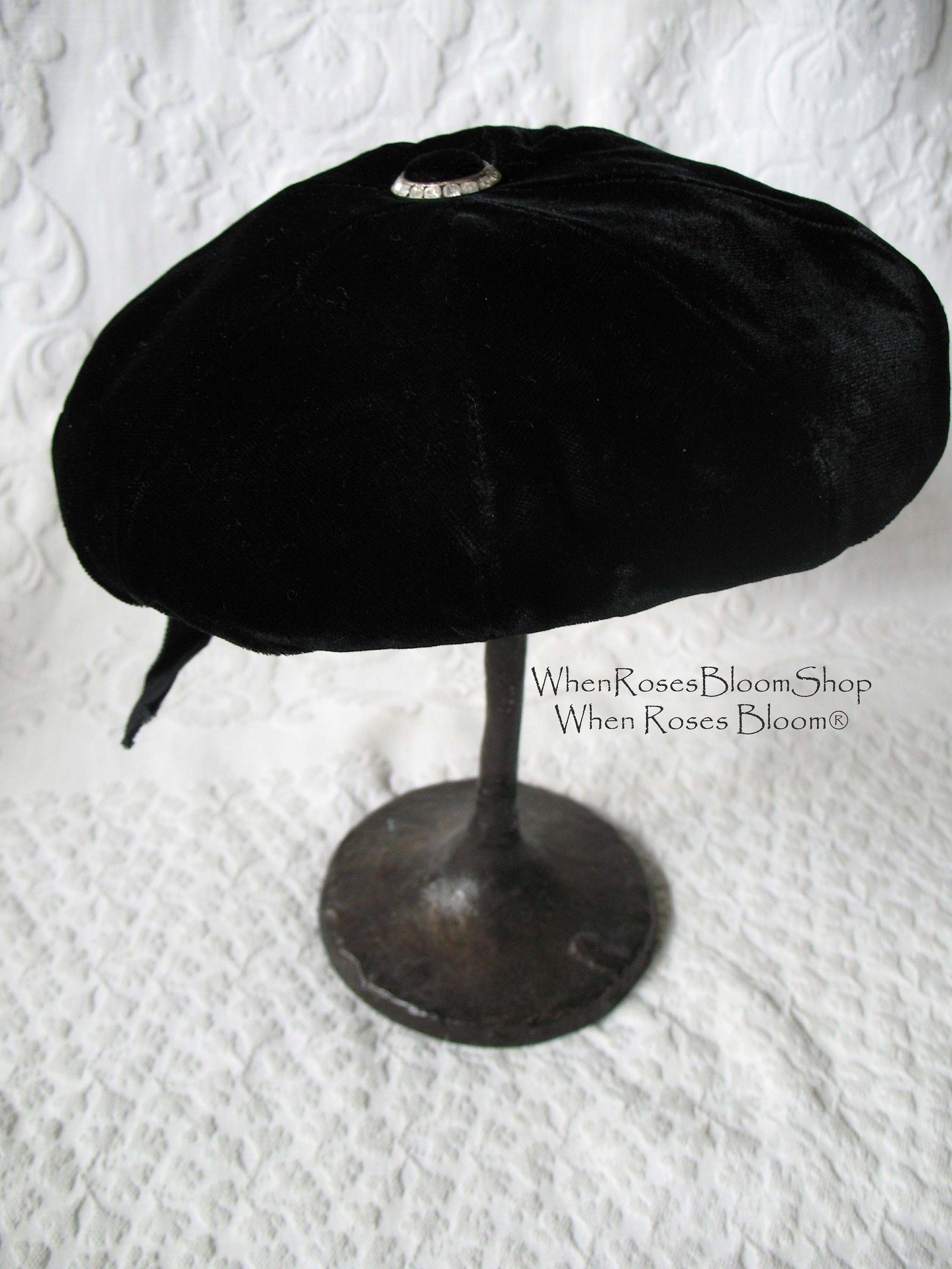 Vintage Hat Black Velvet Beret Eastern Airlines Stewardess Uniform Mid Century Pill Box 1960s Steampunk Cosplay Hat WhenRosesBloom