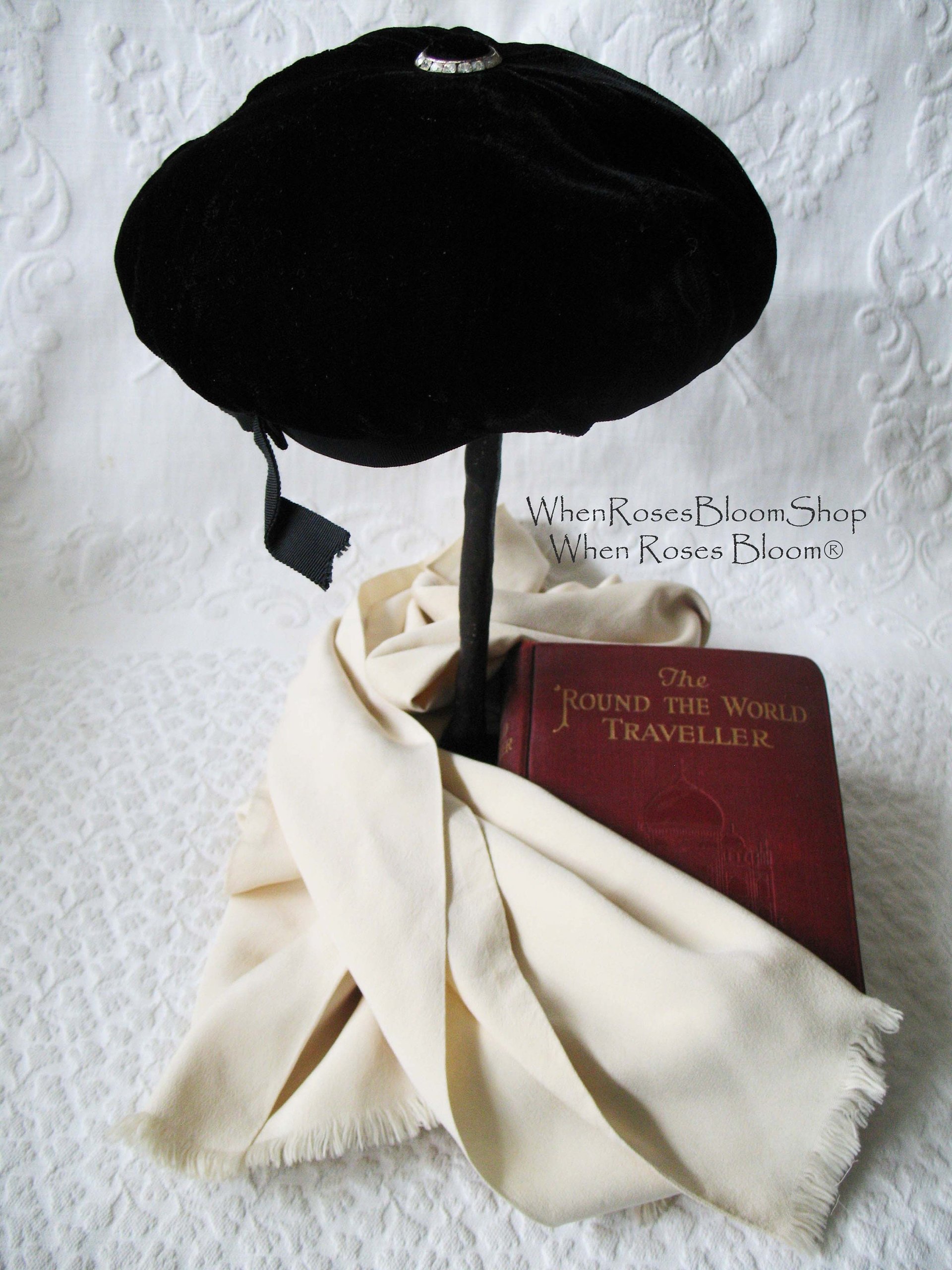 Vintage Hat Black Velvet Beret Eastern Airlines Stewardess Uniform Mid Century Pill Box 1960s Steampunk Cosplay Hat WhenRosesBloom