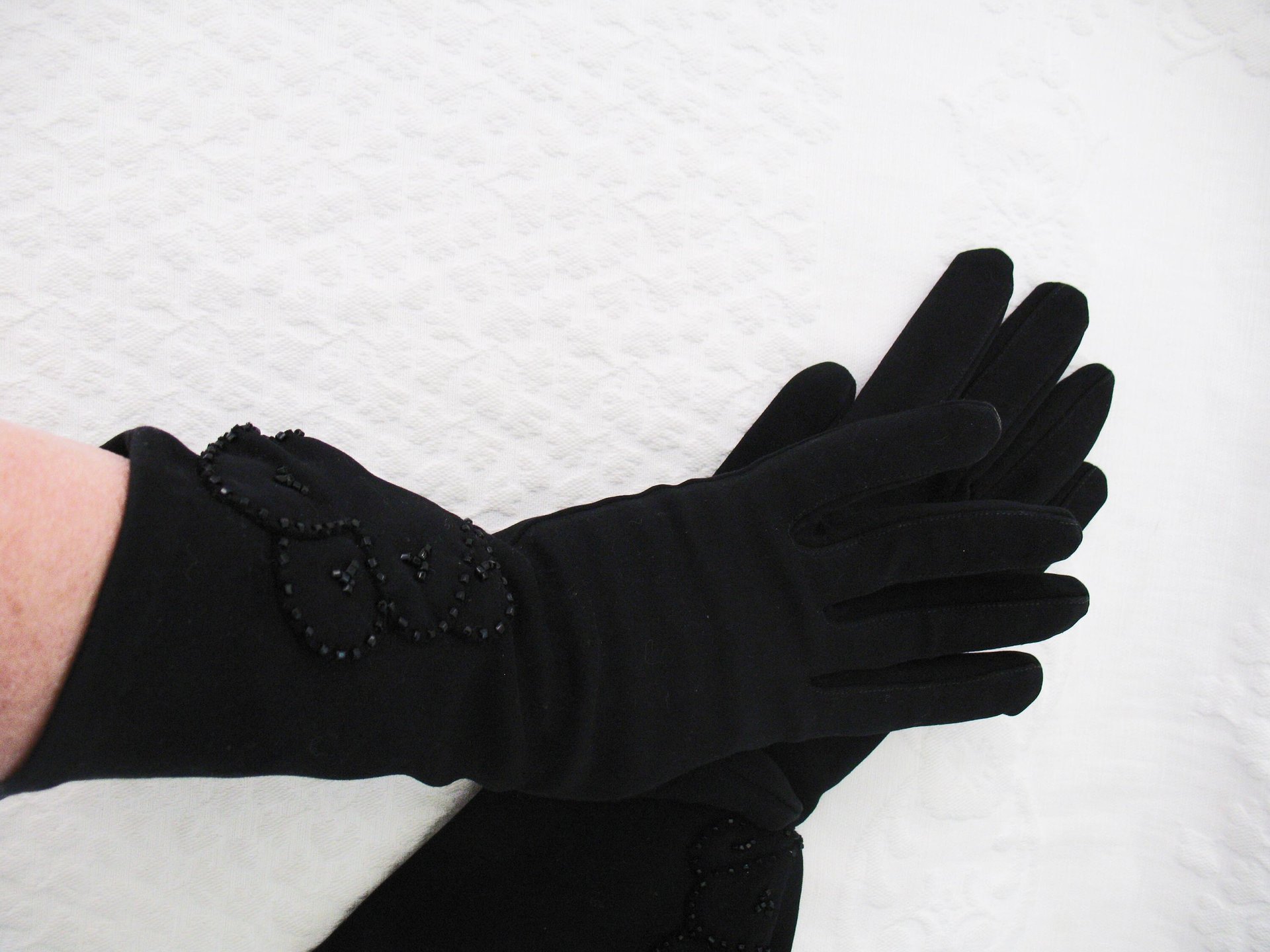 Vintage Black Gloves Gauntlet wrist beads  Elegant Hollywood Glamour Dance Evening Cocktail Steampunk Cosplay Free Ship US  WhenRosesBloom