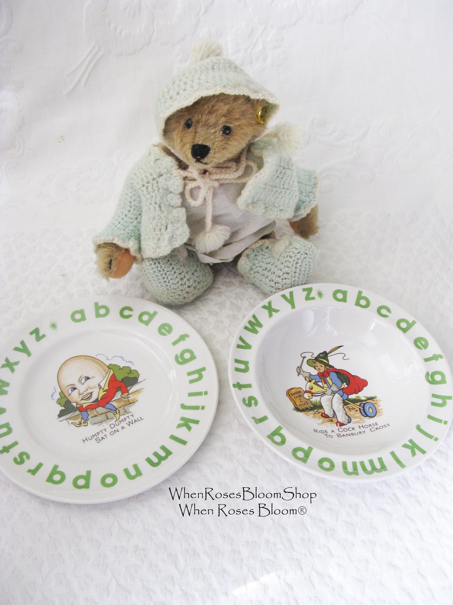 Vintage Baby Toddler Plate Bowl Nursery Rhyme Humpty Dumpty classic baby shower gift nursery decor Keepsake Heirloom WhenRosesBloom