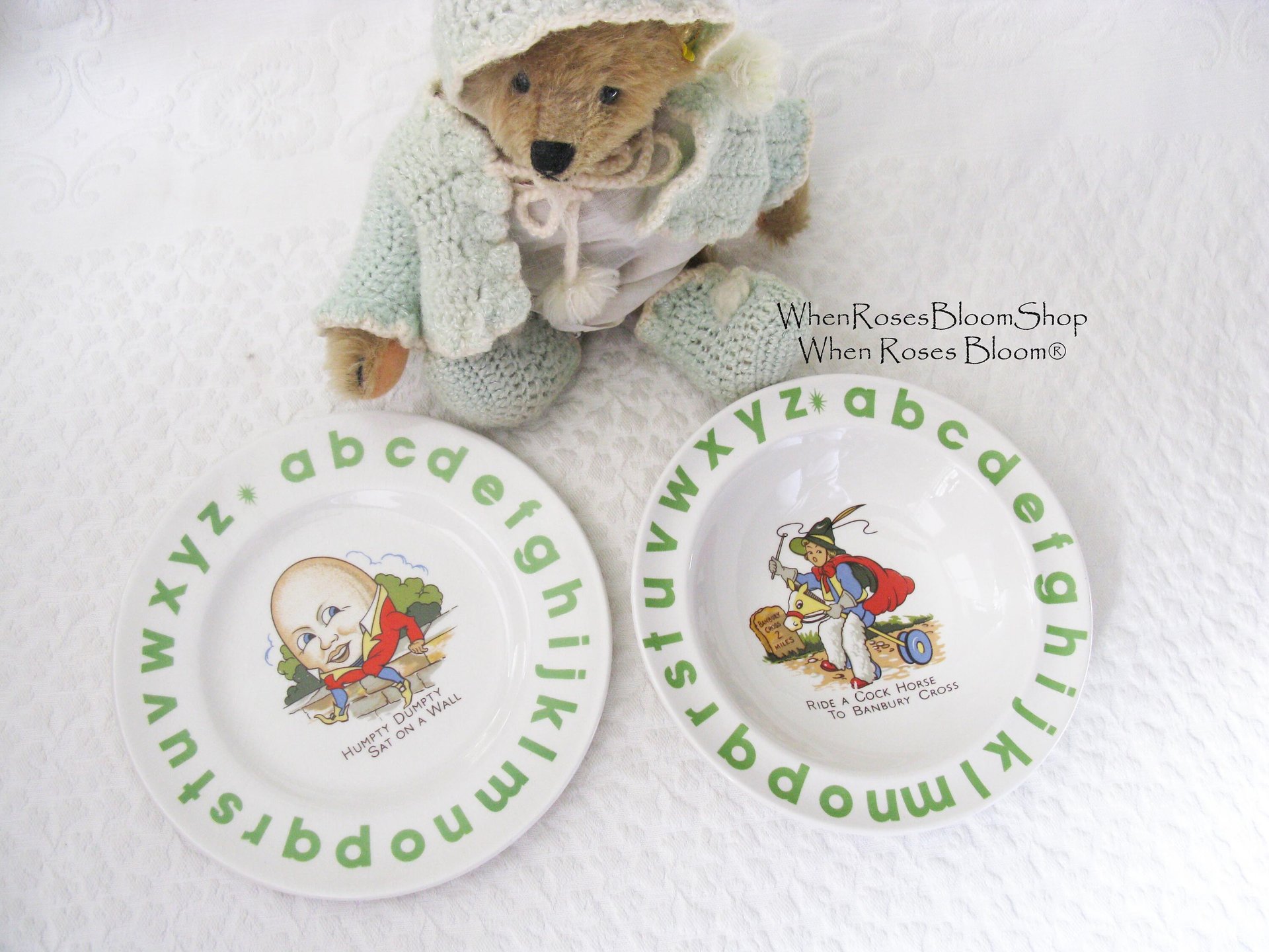 Vintage Baby Toddler Plate Bowl Nursery Rhyme Humpty Dumpty classic baby shower gift nursery decor Keepsake Heirloom WhenRosesBloom
