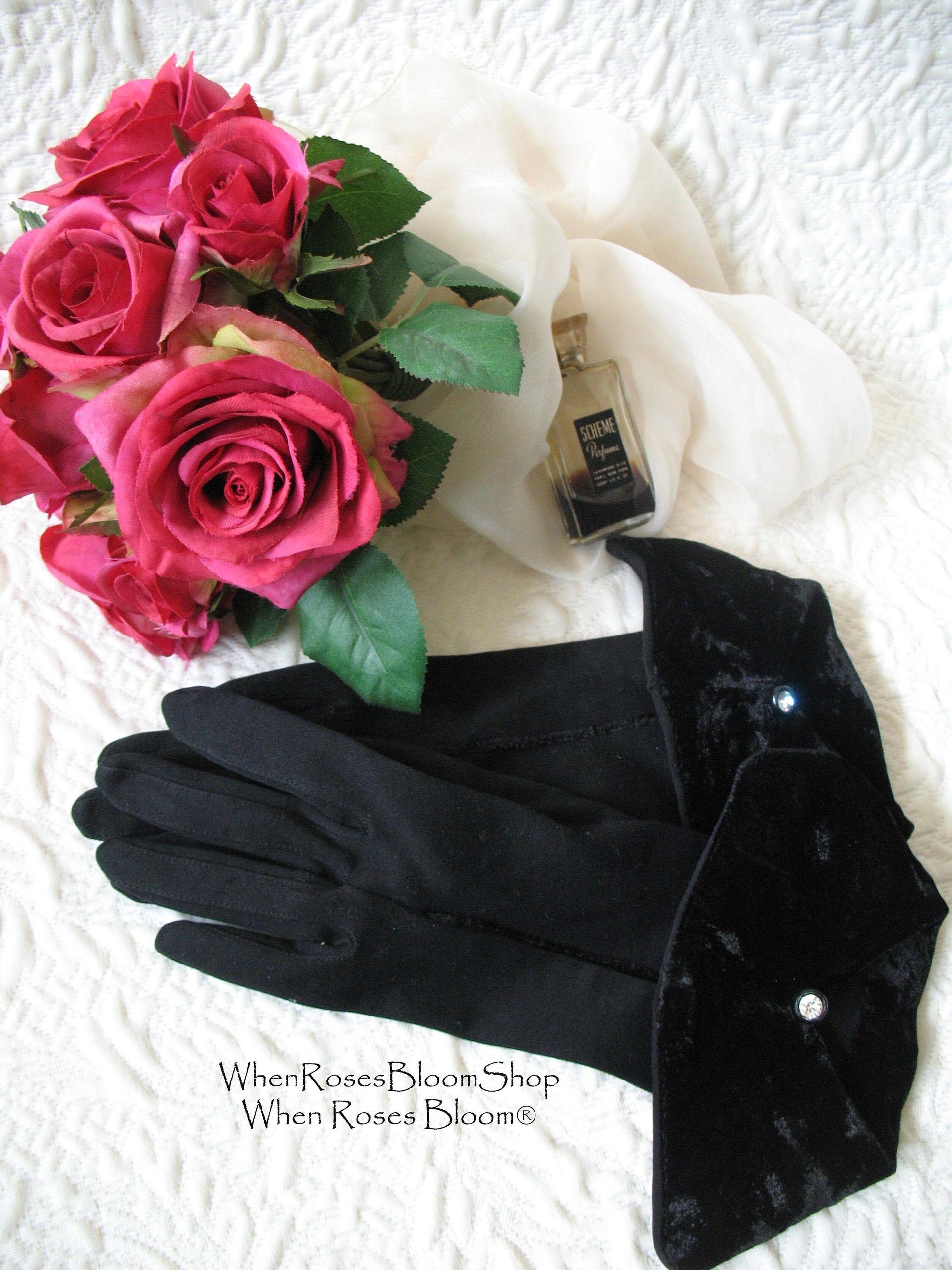 Vintage Black Gloves Sz 6+  Velvet Elegant Hollywood Glamour Dance Wedding Evening Cocktail Steampunk Cosplay Free Ship US  WhenRosesBloom
