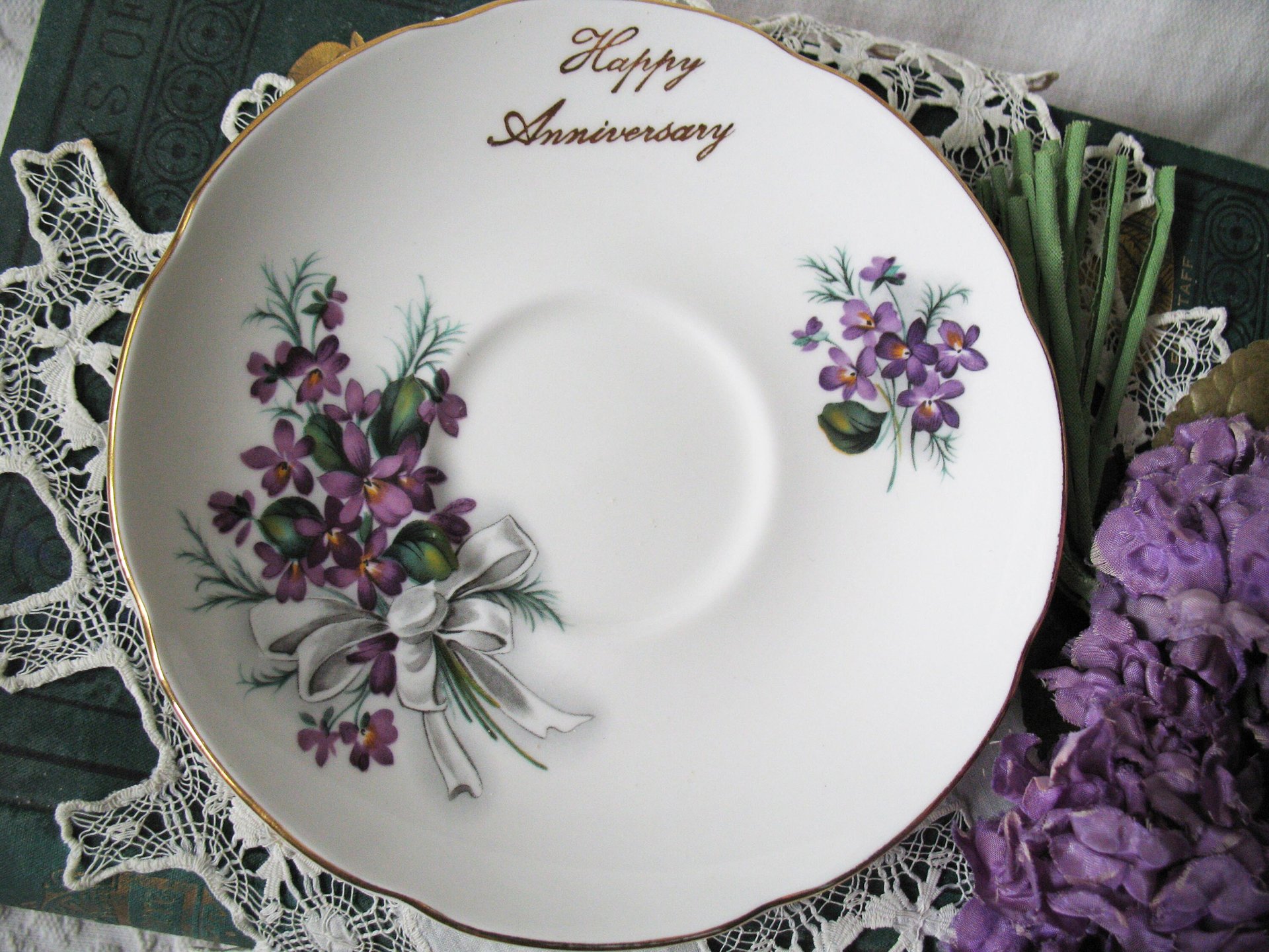 Vintage Tea Cup English Bone China Violets Happy Anniversary  Retro Tea Gift Classic Mid Century Modern Shabby Chic Tea  WhenRosesBloom