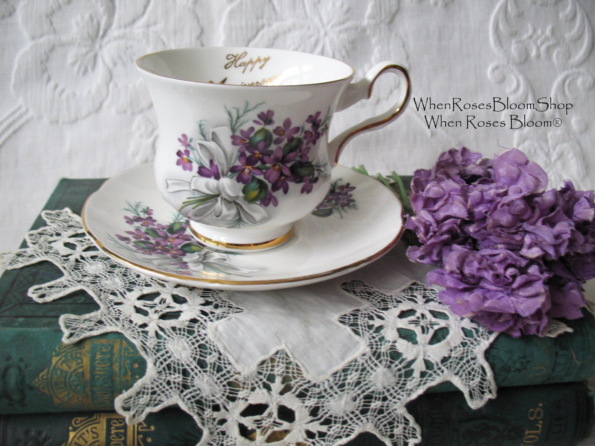 Vintage Tea Cup English Bone China Violets Happy Anniversary  Retro Tea Gift Classic Mid Century Modern Shabby Chic Tea  WhenRosesBloom