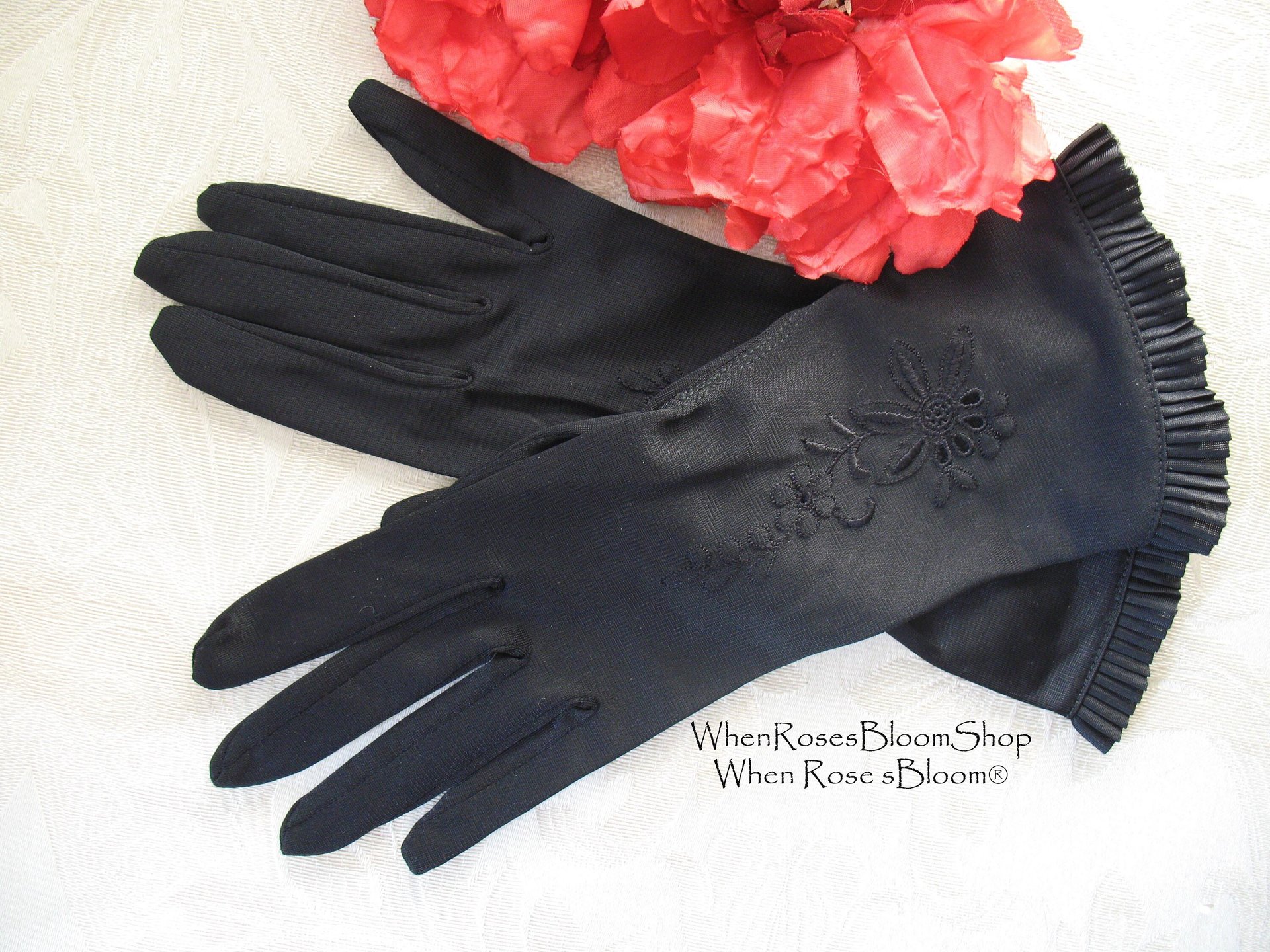 Vintage Gloves Black Retro Mid Century Tea Dance Wedding Downton Miss Fisher Steampunk Cosplay Gloves NOS Free Ship  US When Roses Bloom