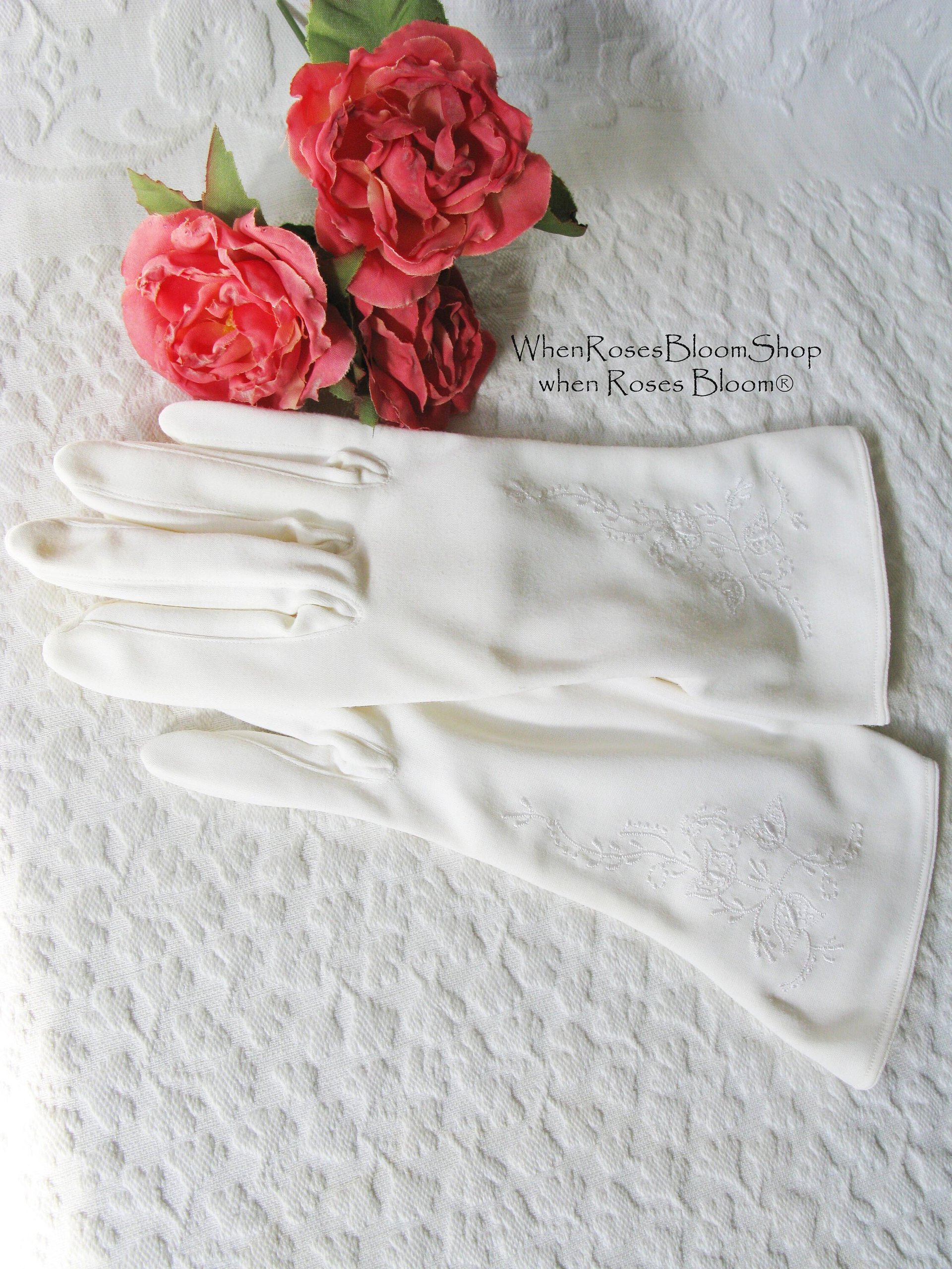 White Gloves Vegan Fabric Retro Vintage Tea Party Wedding  Elegant Cosplay  Mid Century Style washable gloves Free Ship US When Roses Bloom