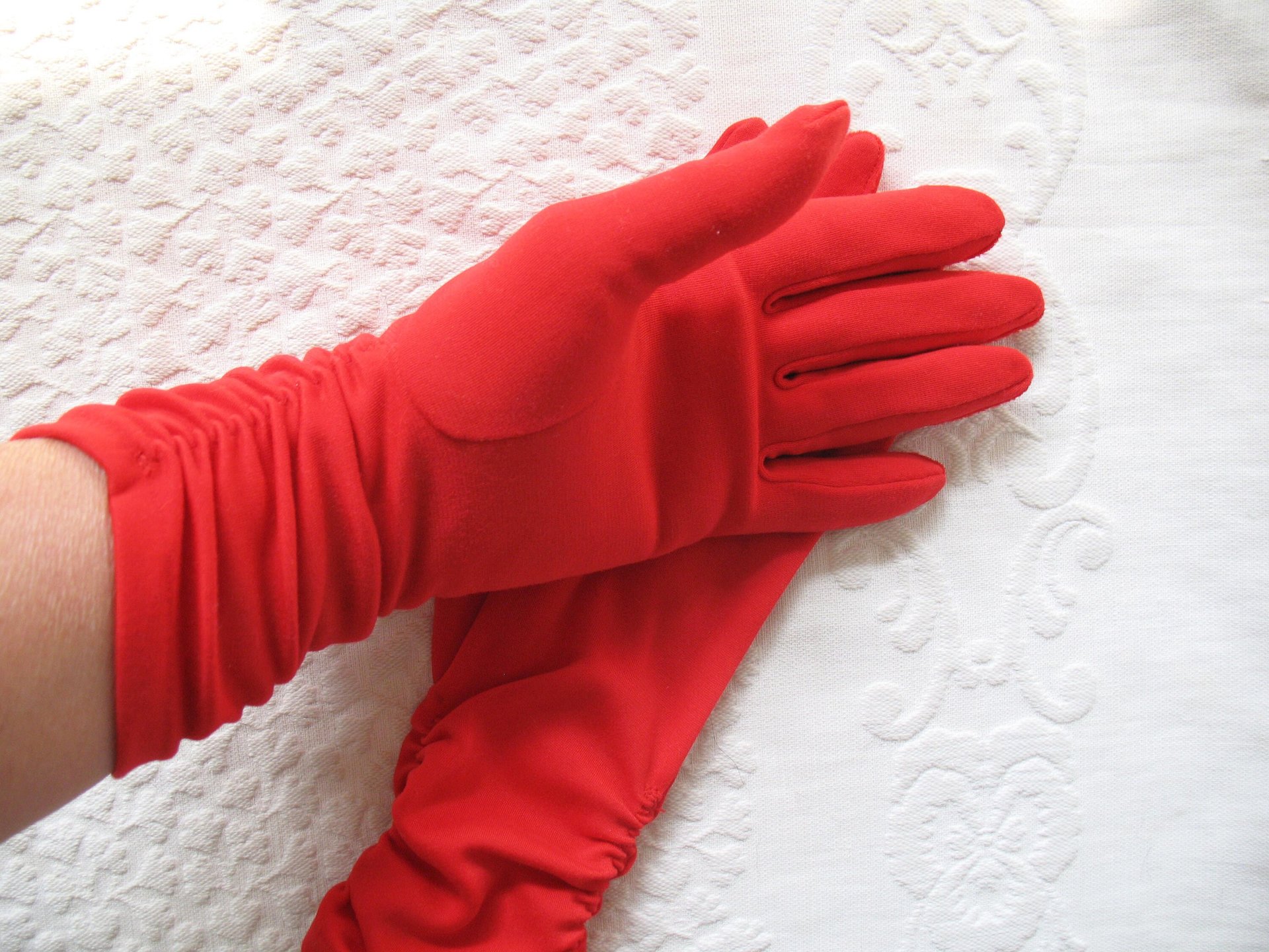 Vintage Gloves Red Size 6-Sz 7.5 gathered wrist accent Tea Party Dance  Mid Century Audrey Hepburn Style Free ship US WhenRosesBloom
