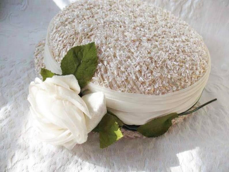 Vintage White Straw Hat with Rose Tailored Elegant Wedding Tea Mid Century Coplay Anna Daisy Mrs Patmore Downton Abbey Style  WhenRosesBloom