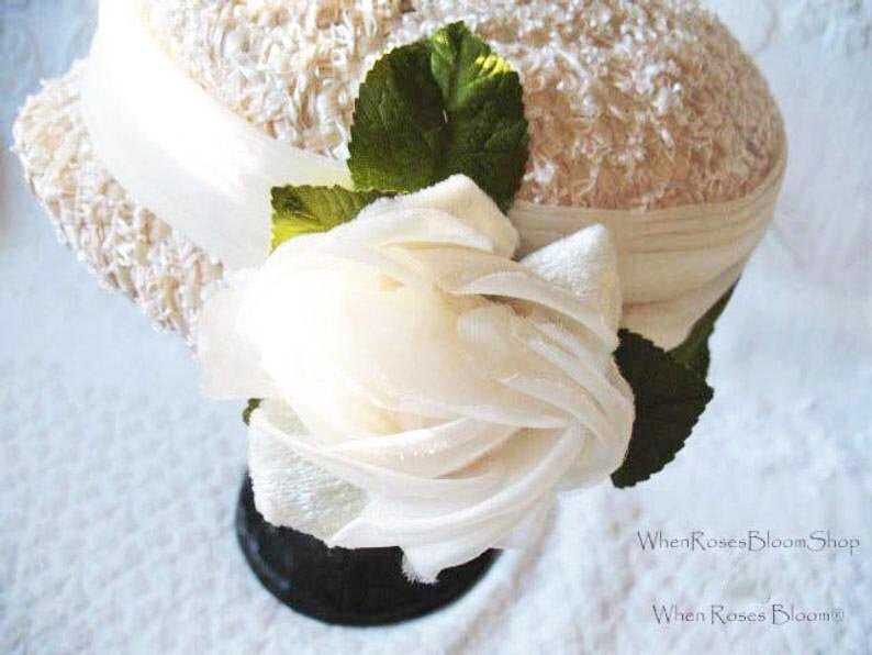 Vintage White Straw Hat with Rose Tailored Elegant Wedding Tea Mid Century Coplay Anna Daisy Mrs Patmore Downton Abbey Style  WhenRosesBloom
