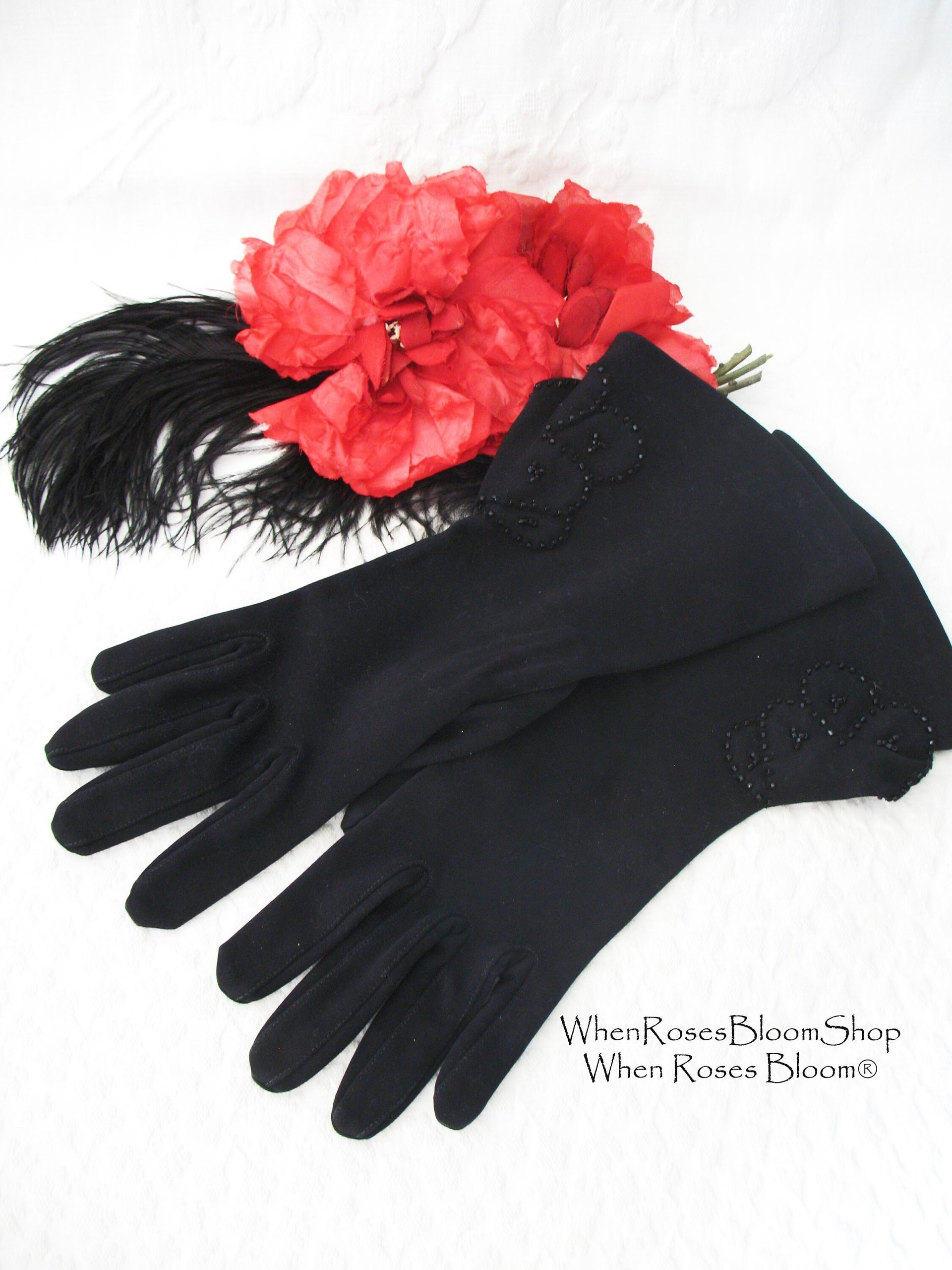 Vintage Black Gloves Gauntlet wrist beads  Elegant Hollywood Glamour Dance Evening Cocktail Steampunk Cosplay Free Ship US  WhenRosesBloom
