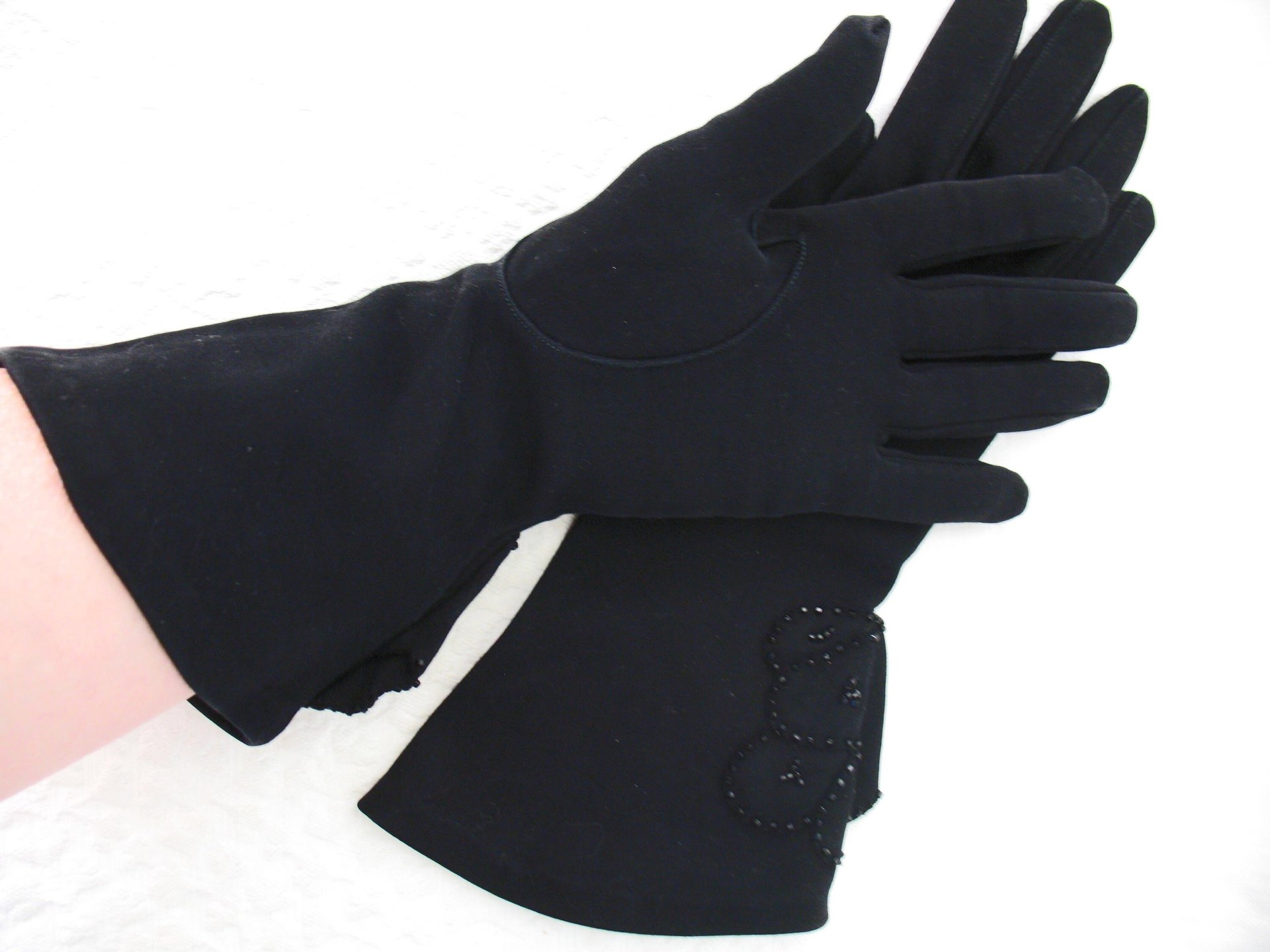Vintage Black Gloves Gauntlet wrist beads  Elegant Hollywood Glamour Dance Evening Cocktail Steampunk Cosplay Free Ship US  WhenRosesBloom