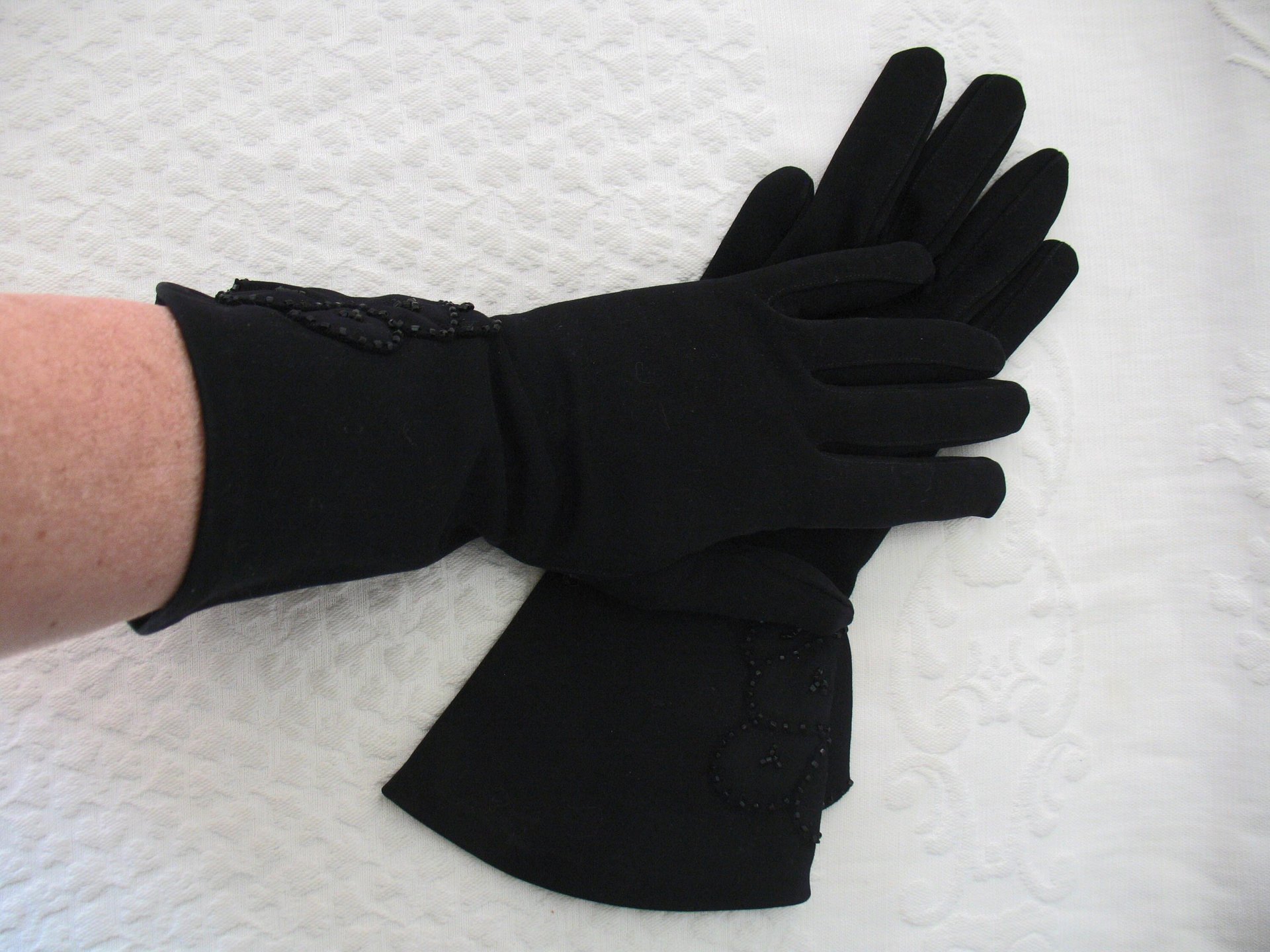 Vintage Black Gloves Gauntlet wrist beads  Elegant Hollywood Glamour Dance Evening Cocktail Steampunk Cosplay Free Ship US  WhenRosesBloom