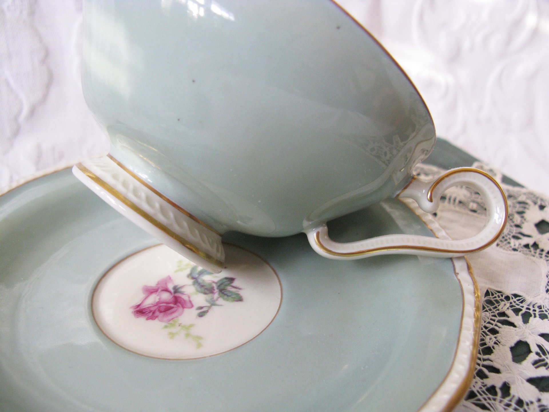 Vintage Tea Cup Turquoise Blue  Rose Footed Melrose German US Zone  Downton Elegant Shabby Chic Mid Century Tea Party Gift  WhenRosesBloom