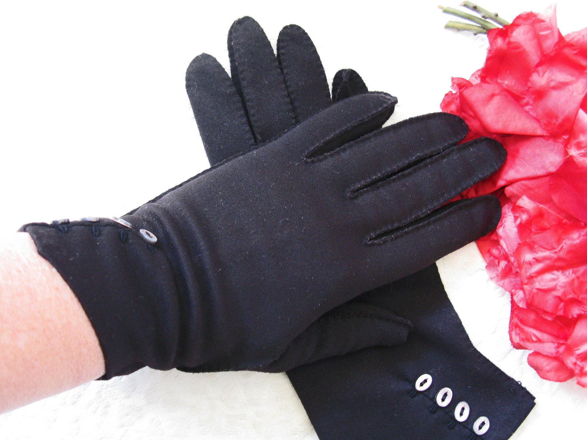 Vintage Gloves Black Size 7 Retro Mid Century Tea Dance Wedding Downton Miss Fisher Steampunk Cosplay Gloves Free Ship  US When Roses Bloom