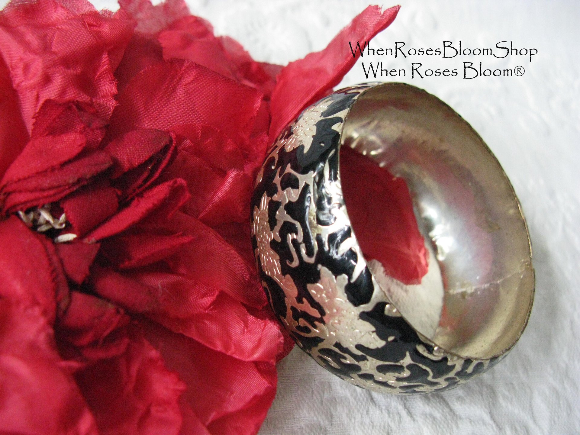 Silver Bangle Bracelet Black Enamel Classic Casual Jewelry Boho Gypsy Hipster Retro Vintage Jewelry  WhenRosesBloom