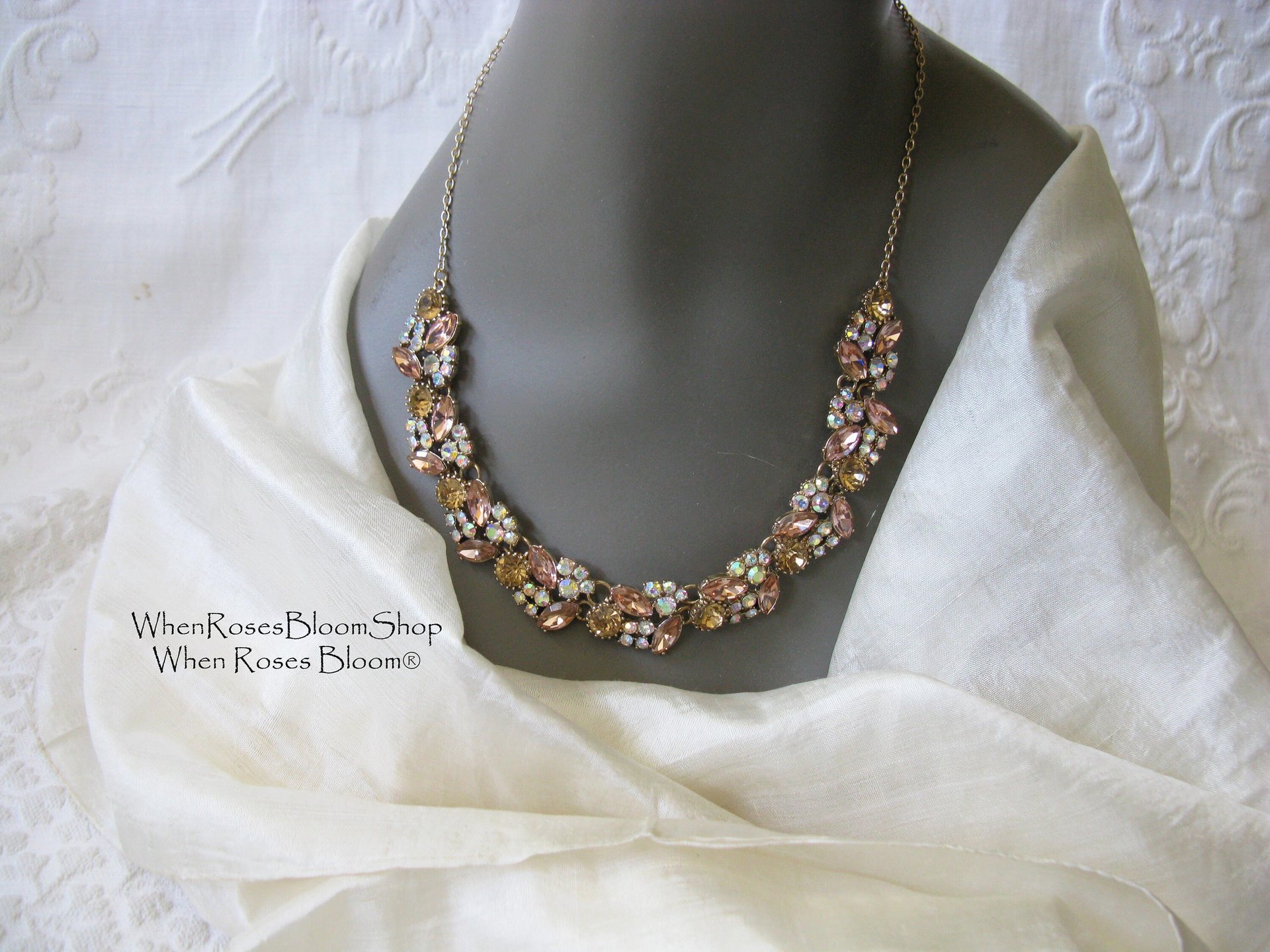 Rhinestone Necklace Vintage Wedding Aurora Borealis Statement Necklace Retro 50s 60s Hollywood Party Style Elegant  WhenRosesBloom