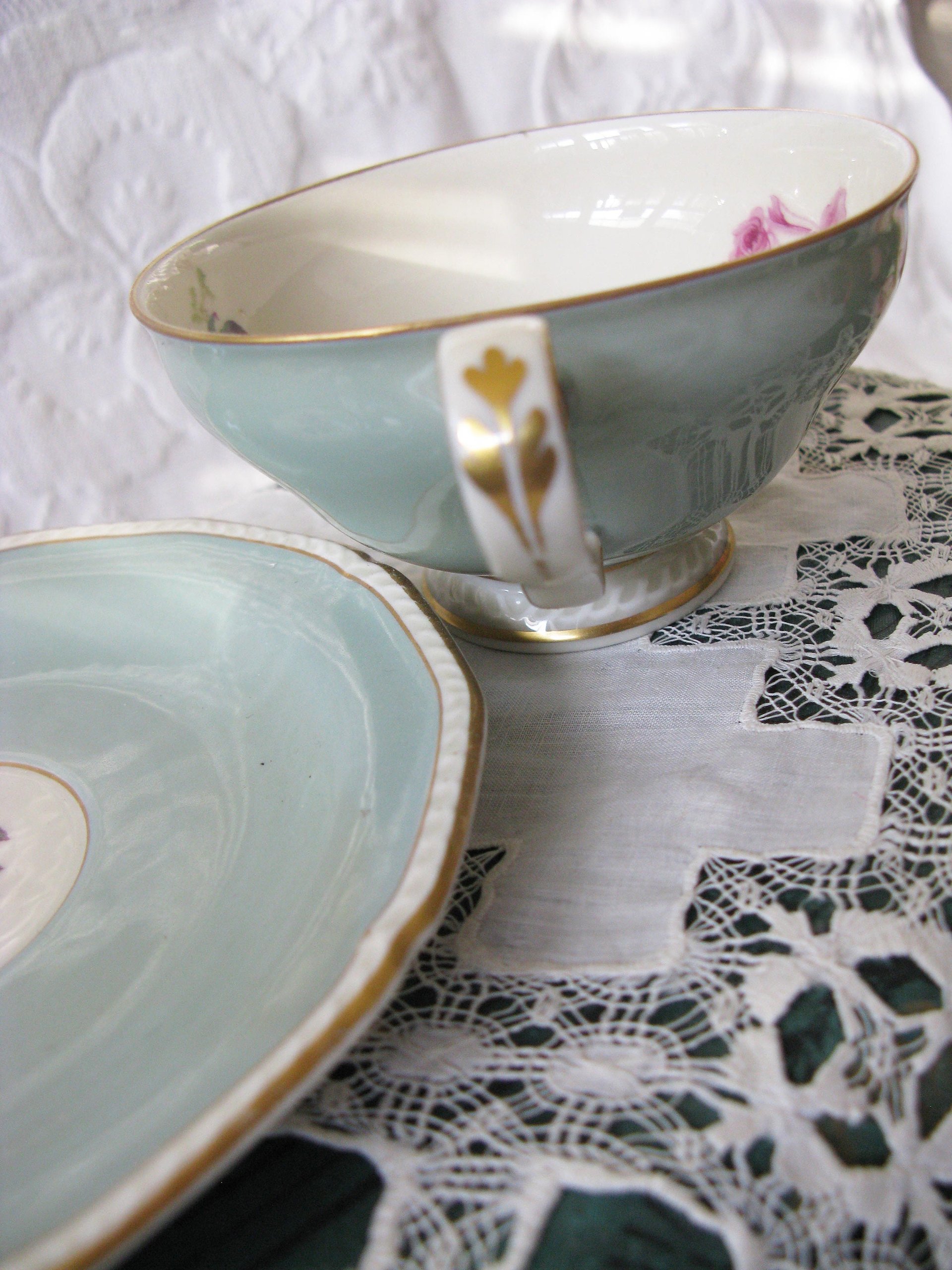 Vintage Tea Cup Turquoise Blue  Rose Footed Melrose German US Zone  Downton Elegant Shabby Chic Mid Century Tea Party Gift  WhenRosesBloom
