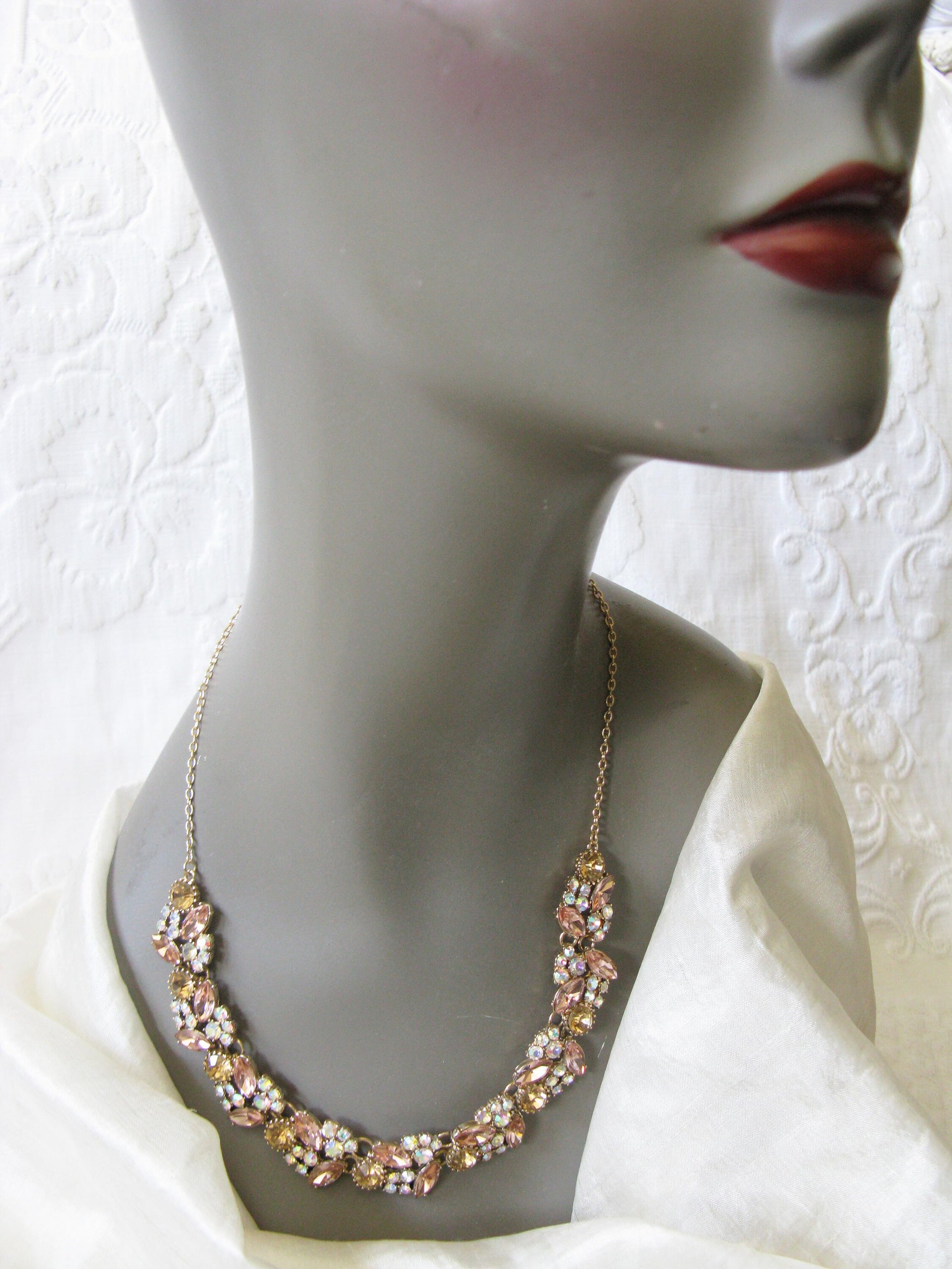 Rhinestone Necklace Vintage Wedding Aurora Borealis Statement Necklace Retro 50s 60s Hollywood Party Style Elegant  WhenRosesBloom