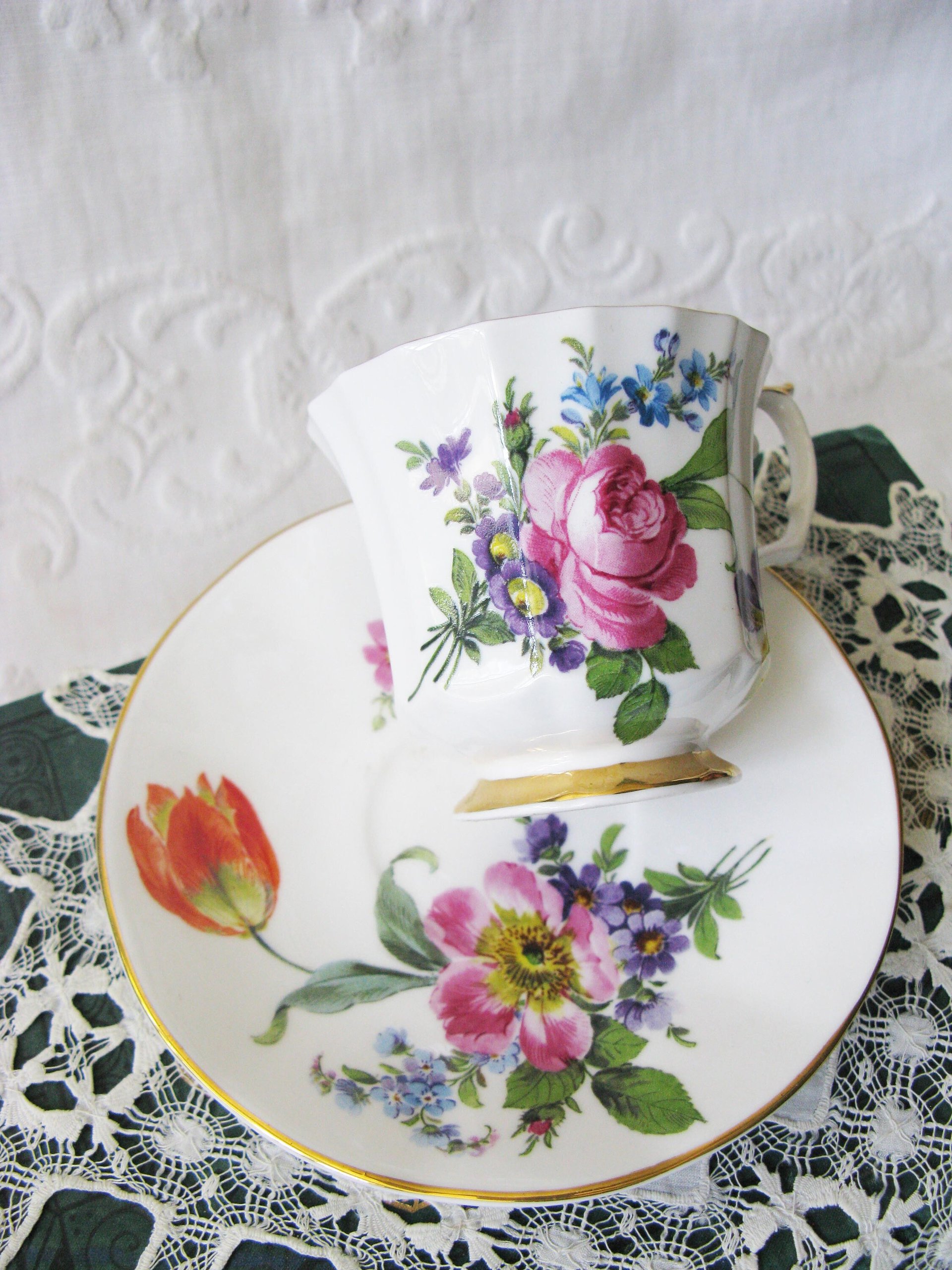 Vintage Floral Tea Cup Spring Roses English Bone China Tea Gift Dainty Elegant Shabby Chic Retro Mid Century Classic British WhenRosesBloom