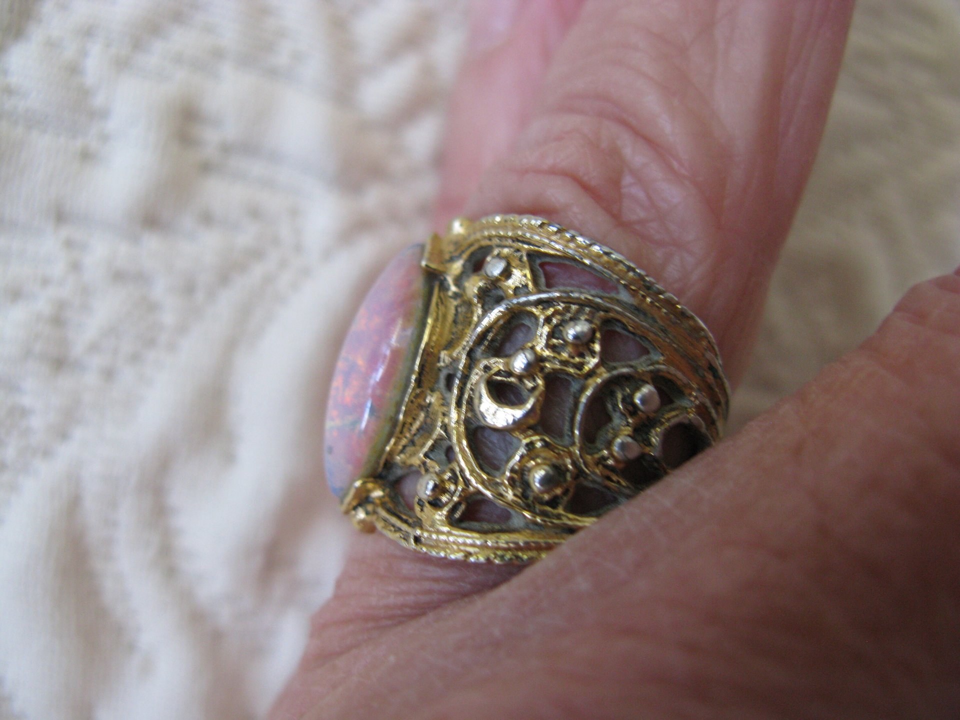 Vintage Costume Statement Ring Retro 60 Hollywood Party Style Elegant Wedding Jewelry Faux Opal Moonstone Aurora Borealis WhenRosesBloom