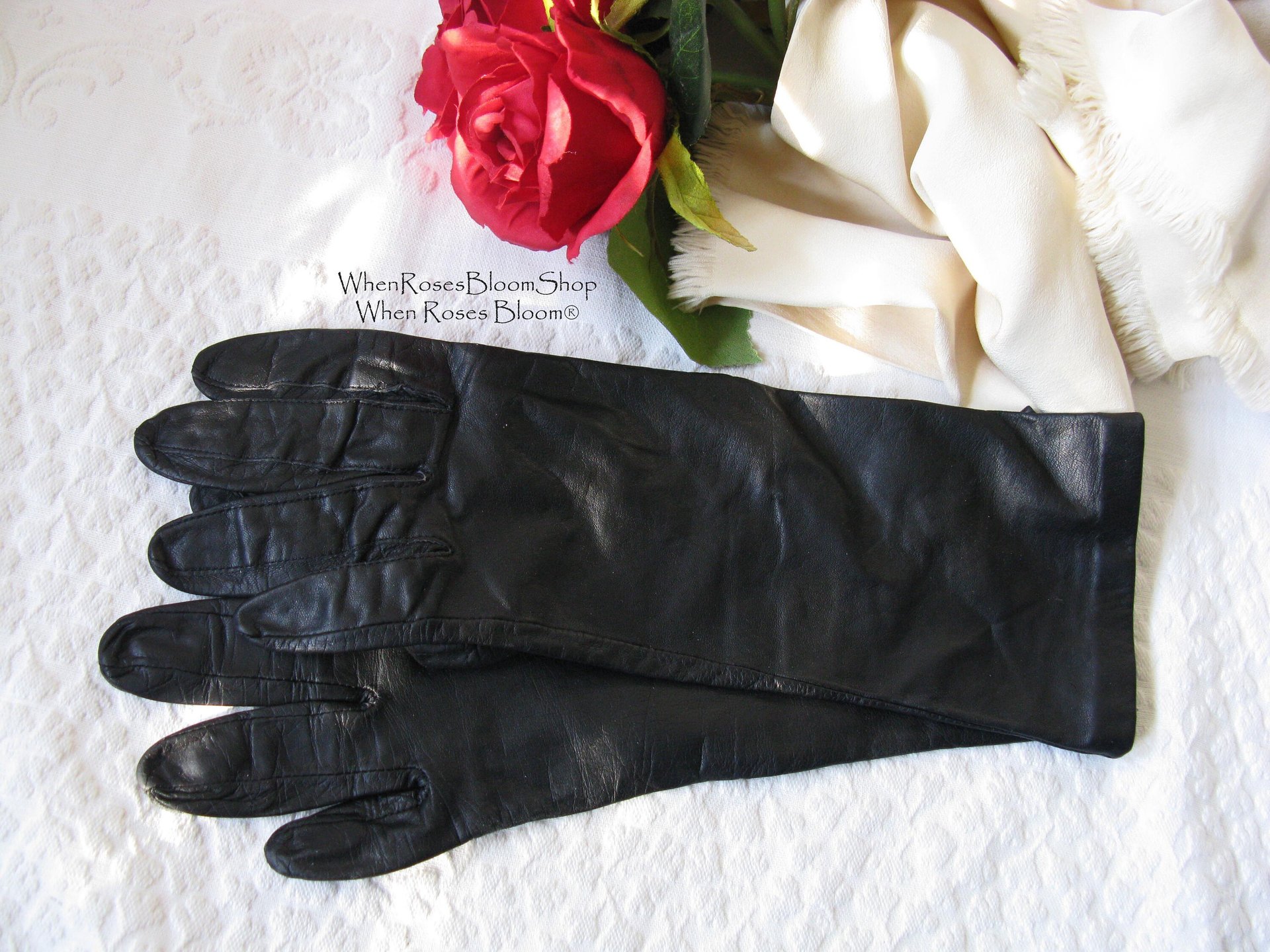 Vintage Gloves Sz 7.5  Black Leather Downton Steampunk Victorian Austen Miss Fisher Cosplay Style Shipping Incl. in USA WhenRosesBloom