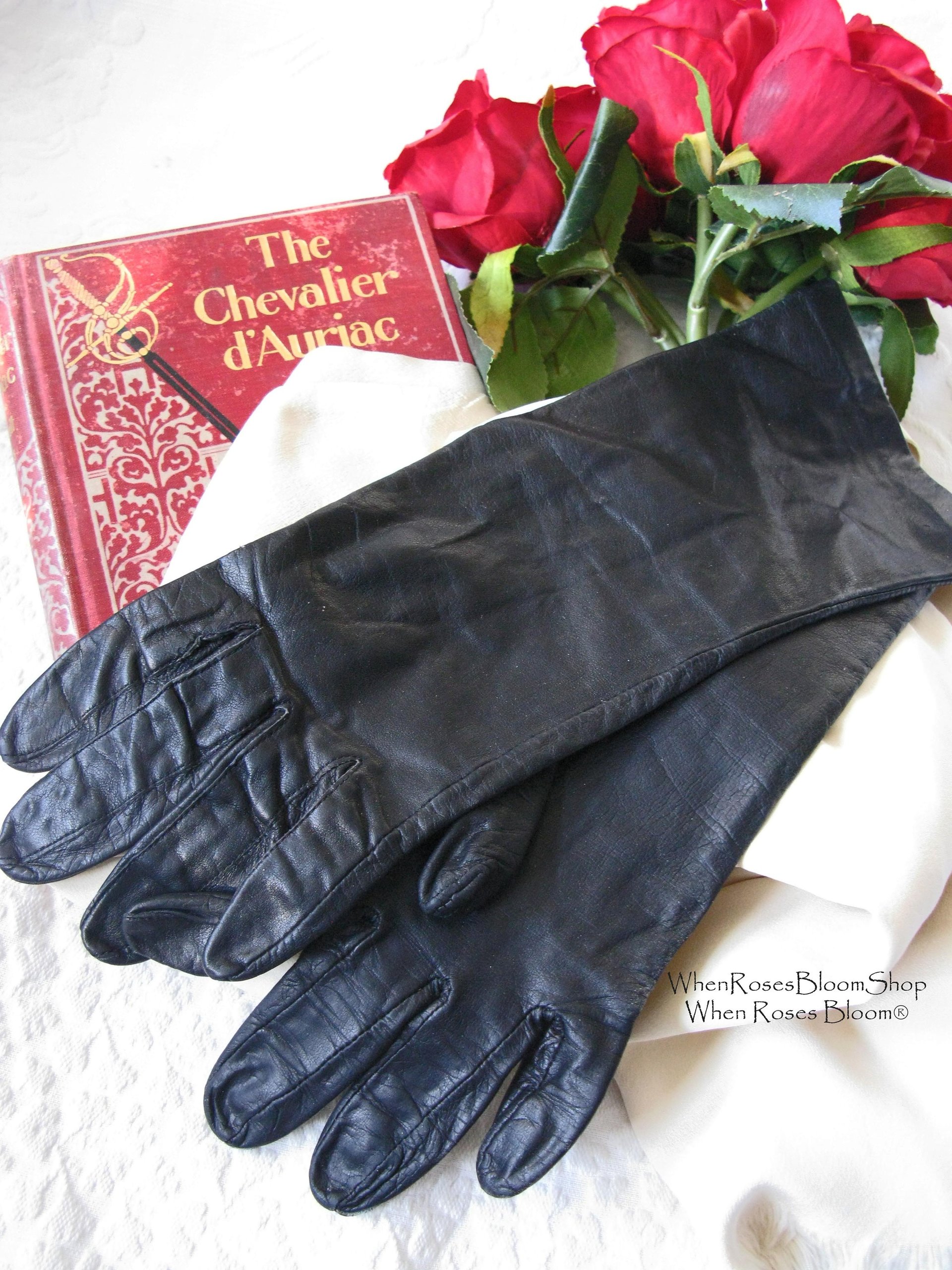 Vintage Gloves Sz 7.5  Black Leather Downton Steampunk Victorian Austen Miss Fisher Cosplay Style Shipping Incl. in USA WhenRosesBloom