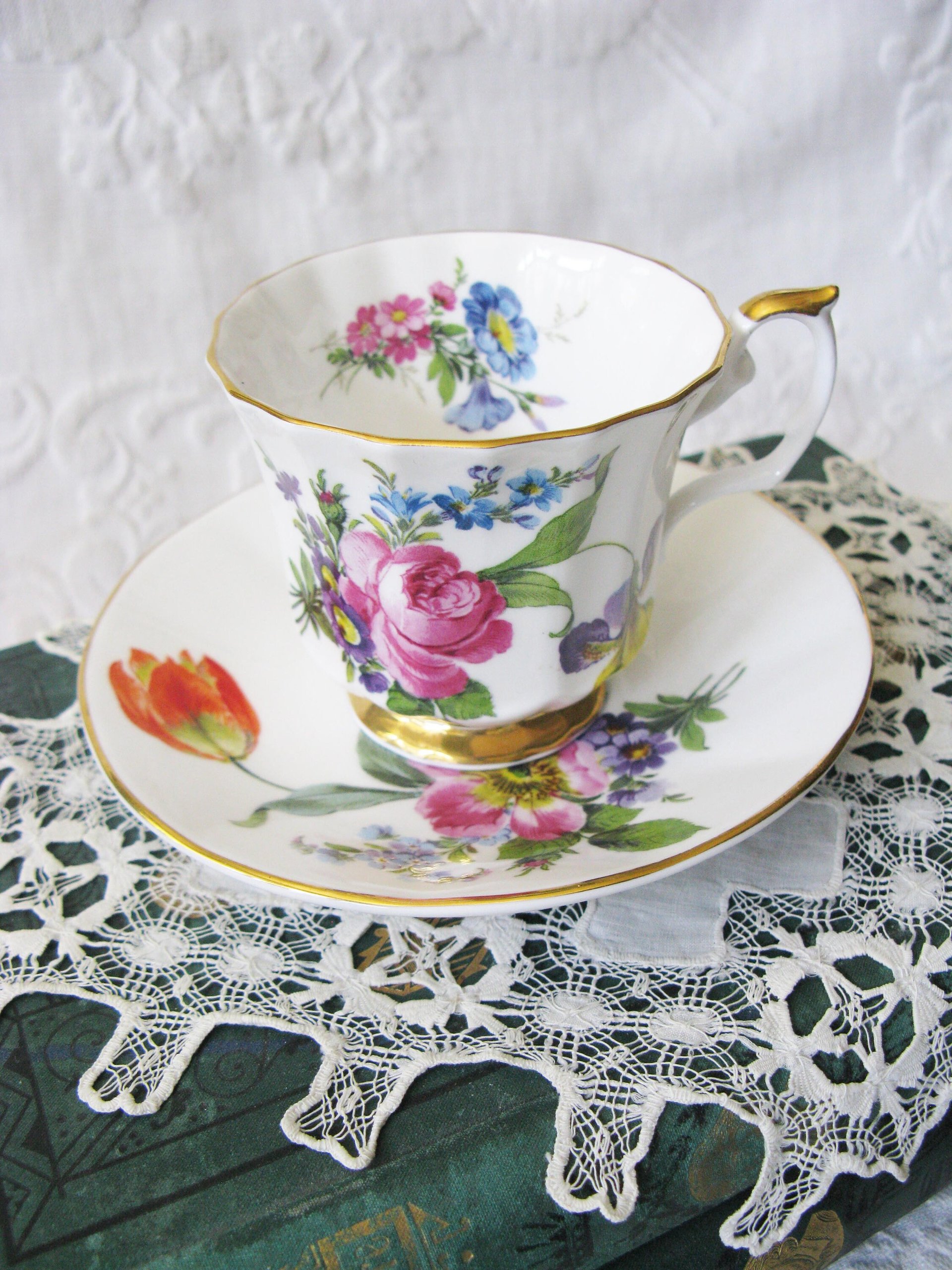 Vintage Floral Tea Cup Spring Roses English Bone China Tea Gift Dainty Elegant Shabby Chic Retro Mid Century Classic British WhenRosesBloom