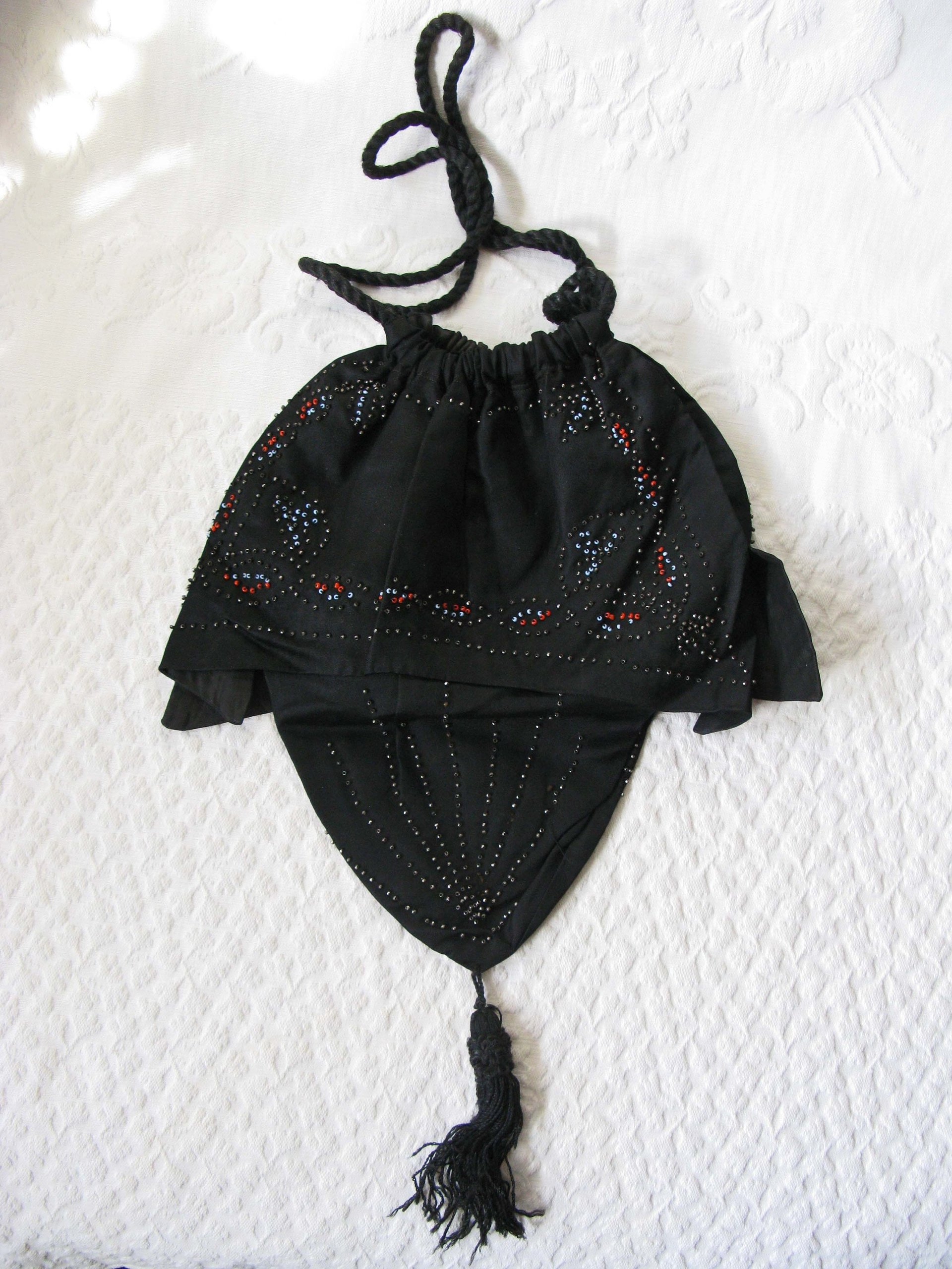 Vintage Black  Purse Victorian Edwardian Evening Bag Purse Reticule Drawstring Downton Abbey Titanic Steampunk Retro Cosplay WhenRosesBloom