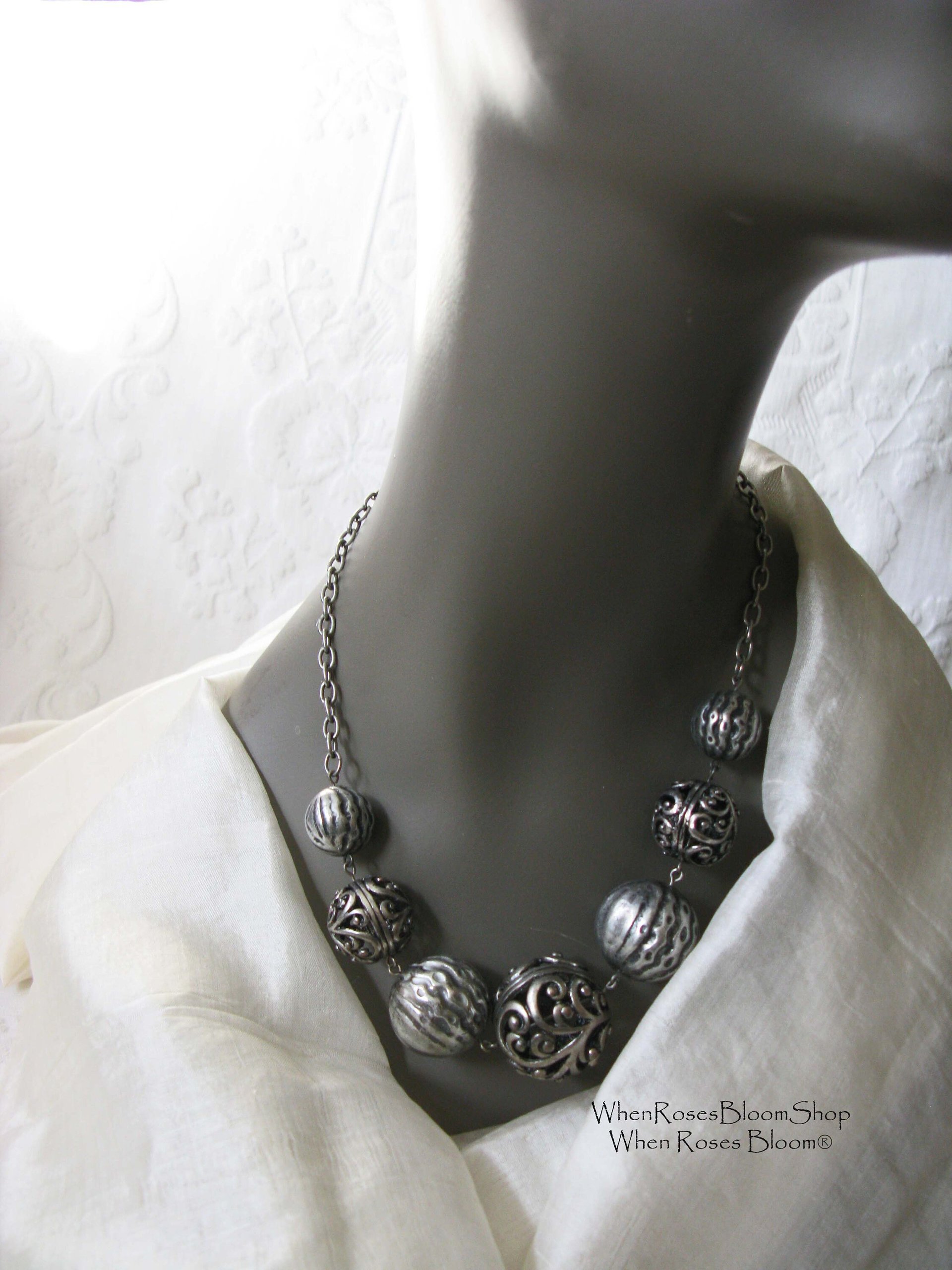 Vintage Silver Multi Bead Statement Necklace Boho Gypsy Minimalist Retro Style Elegant but Casual WhenRosesBloom