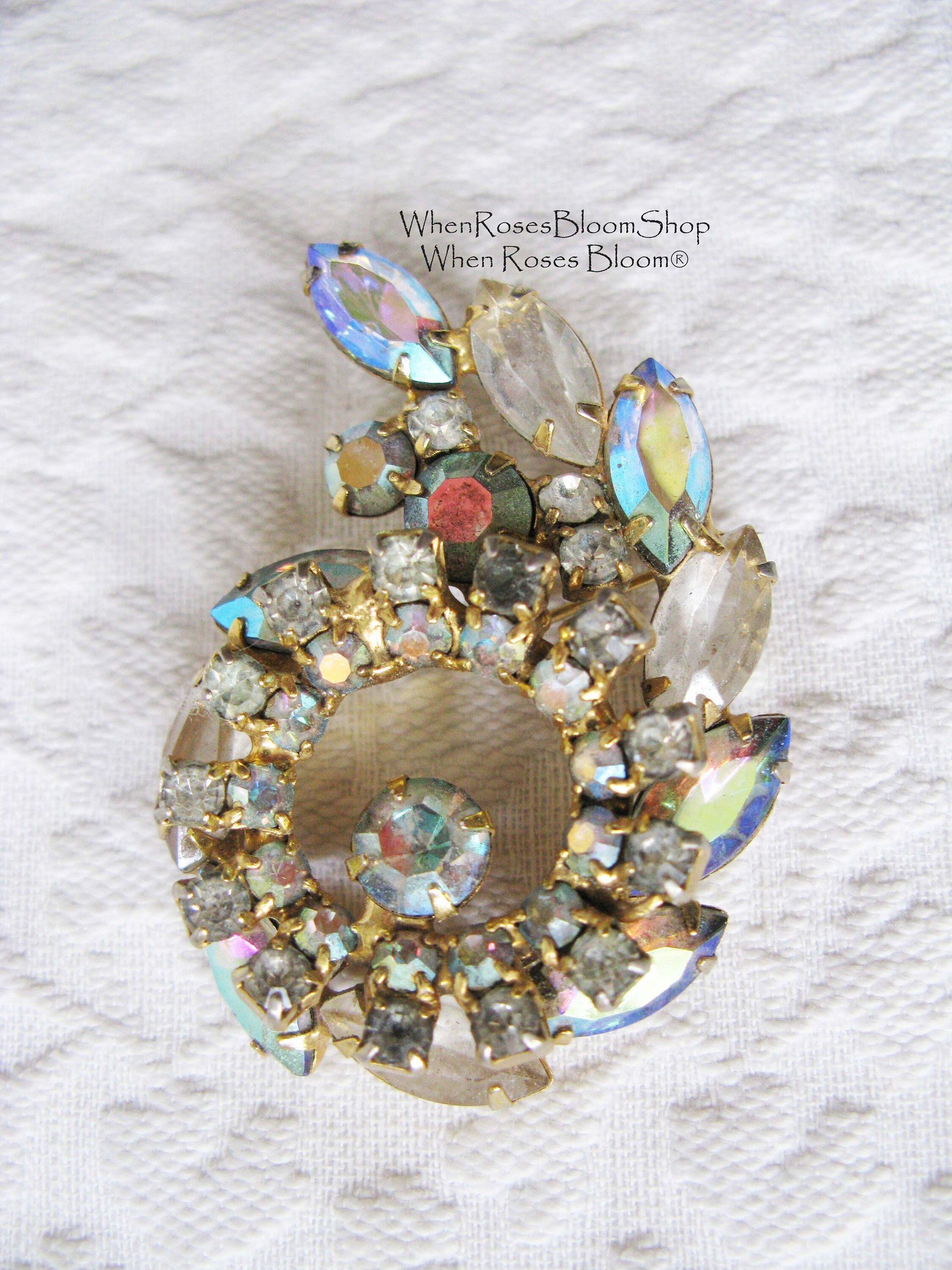 Rhinestone Brooch Vintage Costume Jewelry Aurora Borealis Statement Pin Bridal  Mid Century Retro Style Lapel Dress Pin When Roses Bloom