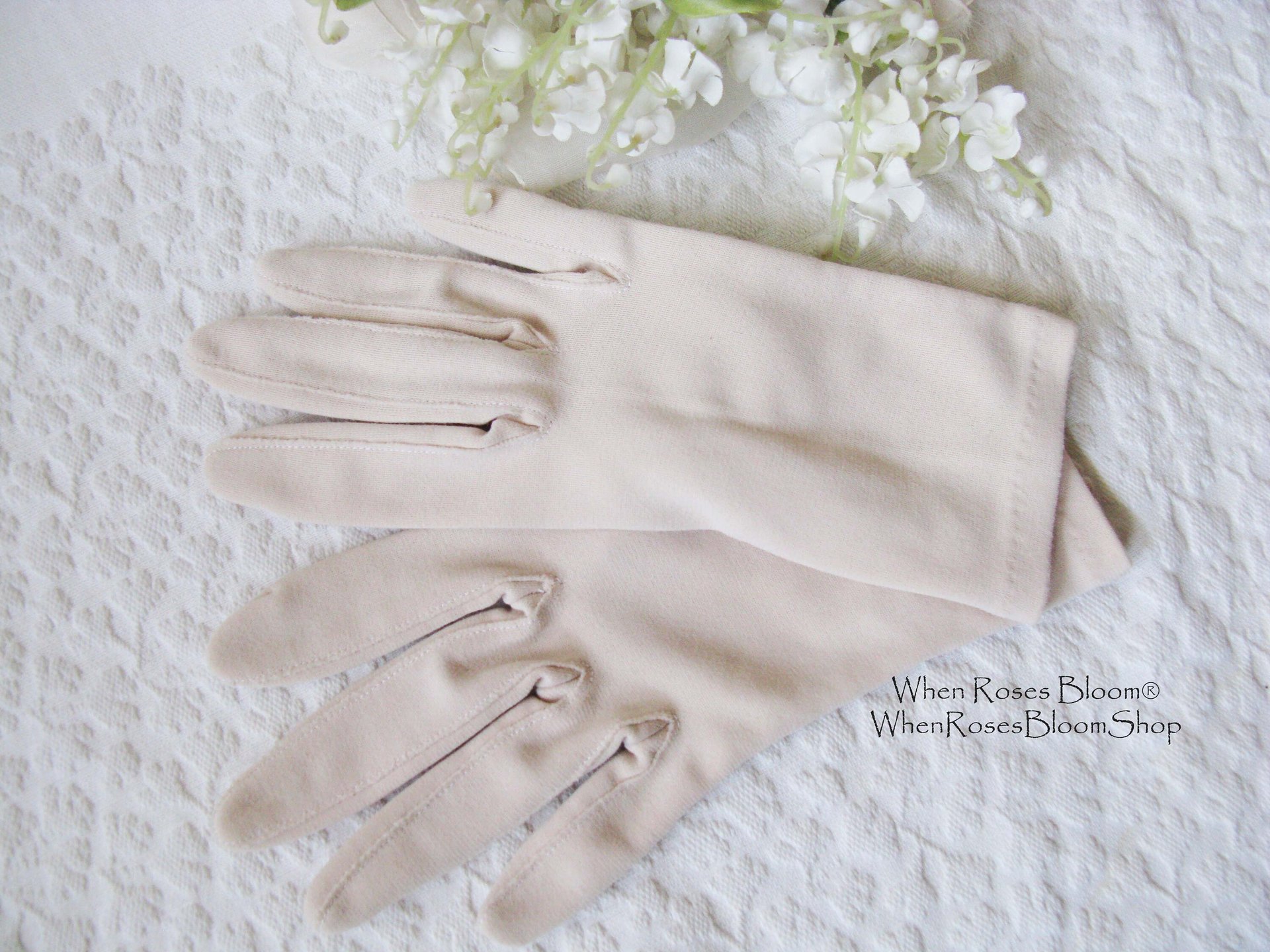 Vintage Gloves Beige Vegan Fabric Washable Retro Cosplay Classic Tea Party Wedding Bride Bridesmaid Petite Free Ship US  WhenRosesBloom