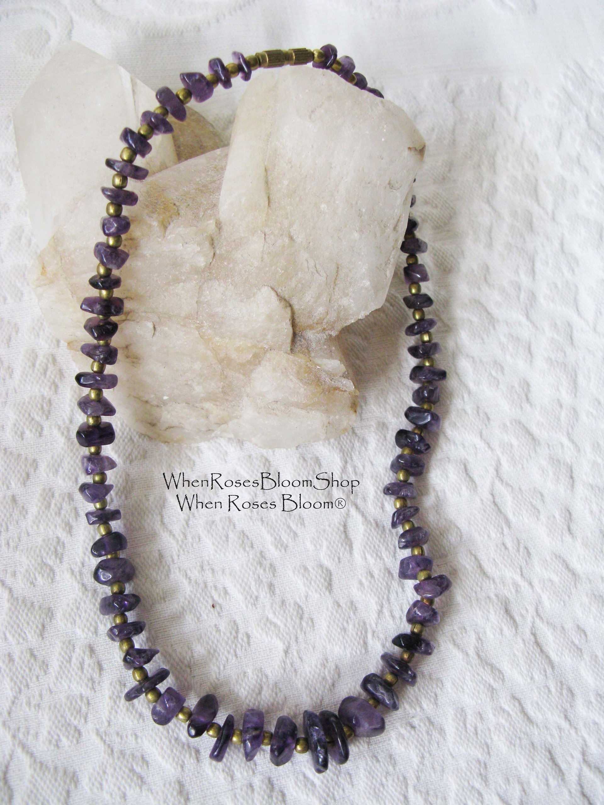 Necklace Choker Amethyst Purple Stone Brass Vintage Necklace Boho Gypsy Minimalist Retro Style Elegant but Casual  Necklace WhenRosesBloom