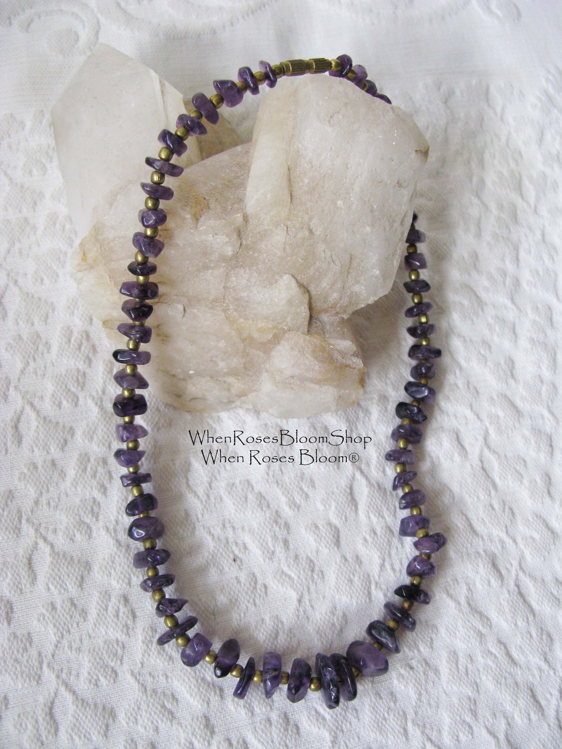 Necklace Choker Amethyst Purple Stone Brass Vintage Necklace Boho Gypsy Minimalist Retro Style Elegant but Casual  Necklace WhenRosesBloom