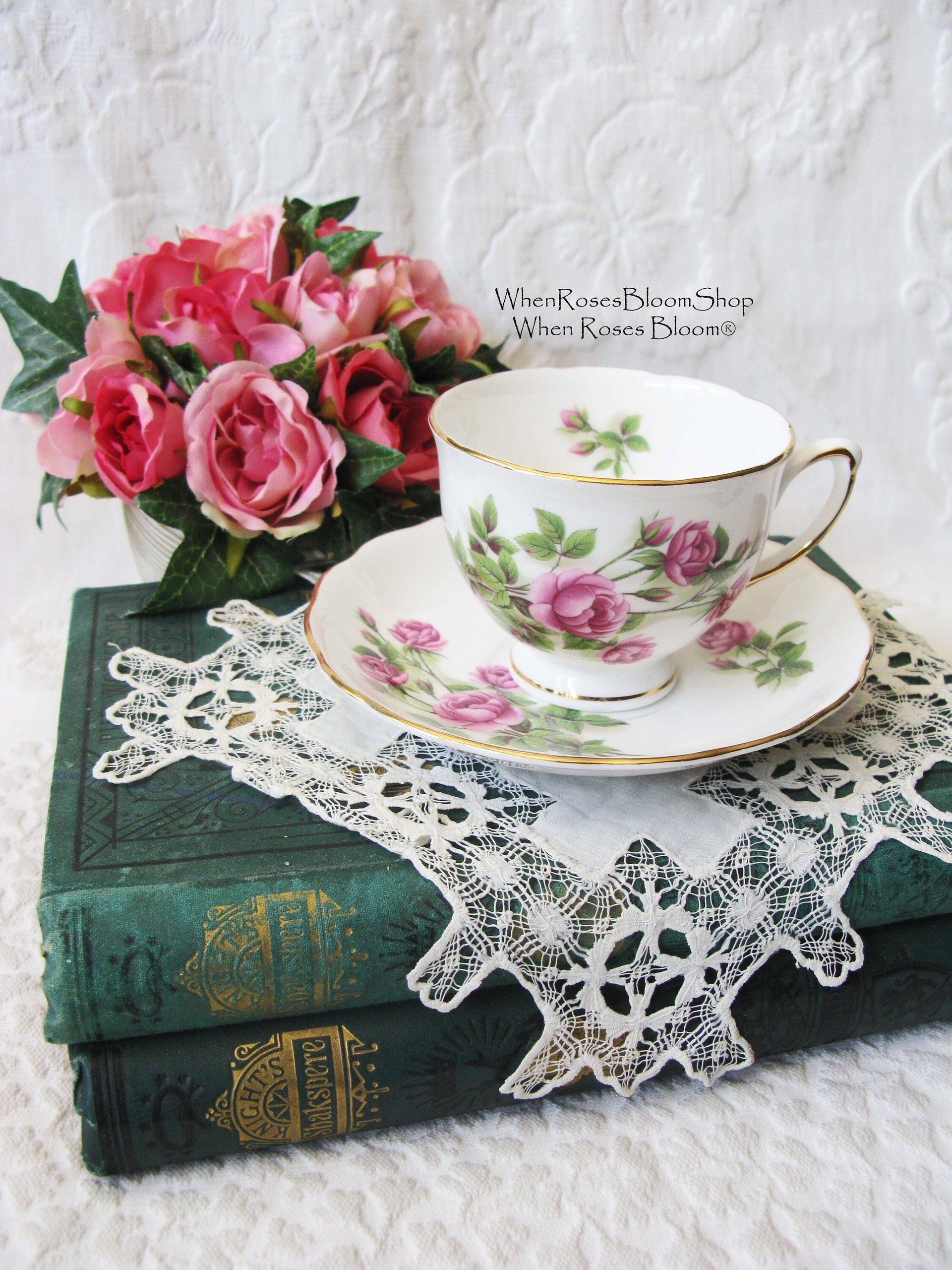 Vintage Tea Cup Pink Roses English Bone China Retro Tea Gift Mid Century Shabby Chic Farmhouse Jane Austen Downton Abbey WhenRosesBloom