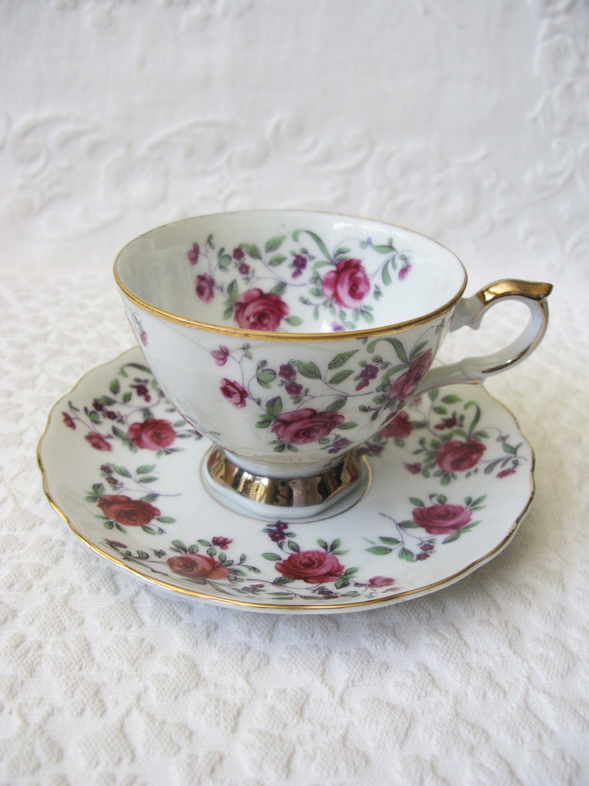 Vintage Rose Chintz Tea Cup Pink Purple Japan Mid Century Retro Elegant Tea Gift Victoria Downtown Tea Cottage Shabby Chic WhenRosesBloom