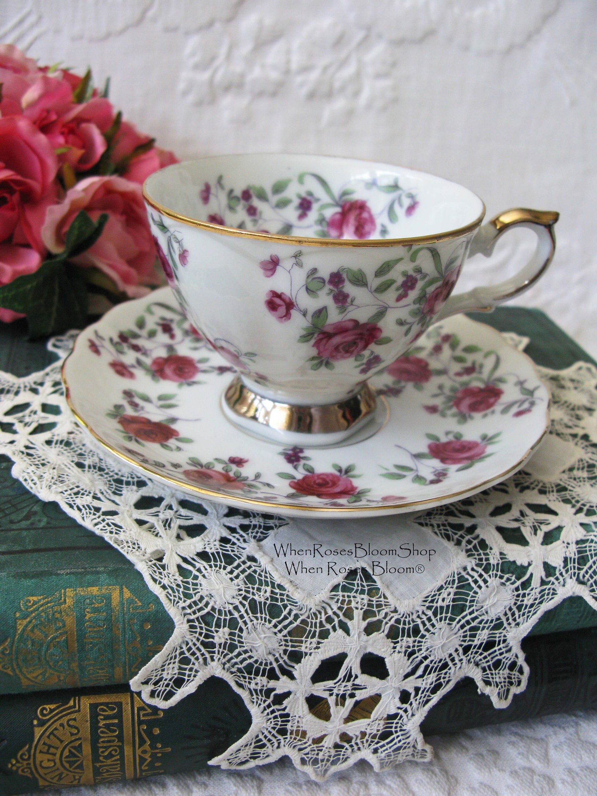 Vintage Rose Chintz Tea Cup Pink Purple Japan Mid Century Retro Elegant Tea Gift Victoria Downtown Tea Cottage Shabby Chic WhenRosesBloom