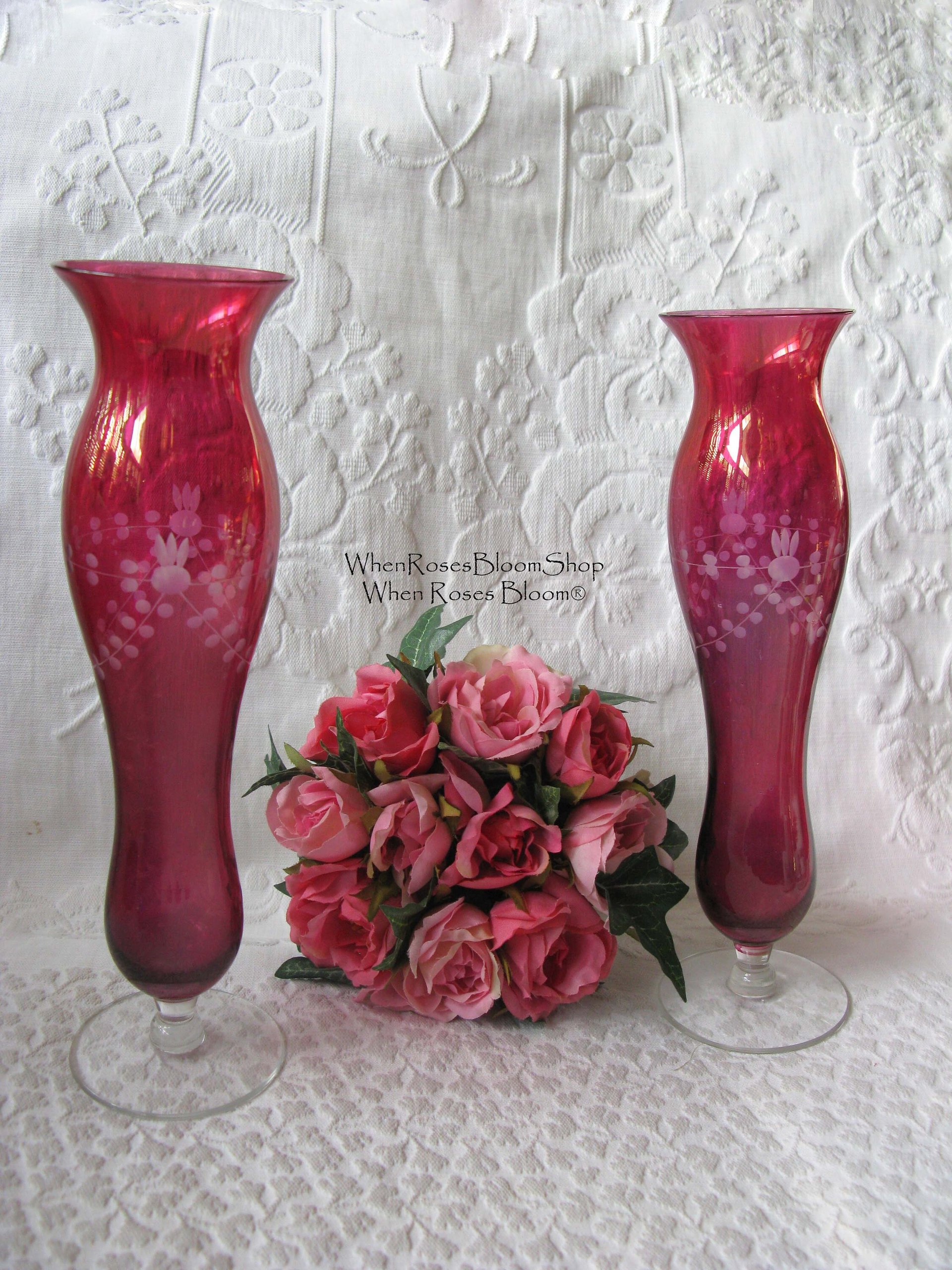 Vintage Pair Etched Cranberry Glass Flower Bud Vase Pair 2 Ruby Flash Style Bohemian Glass Shabby Decor Style  Farmhouse WhenRosesBloom