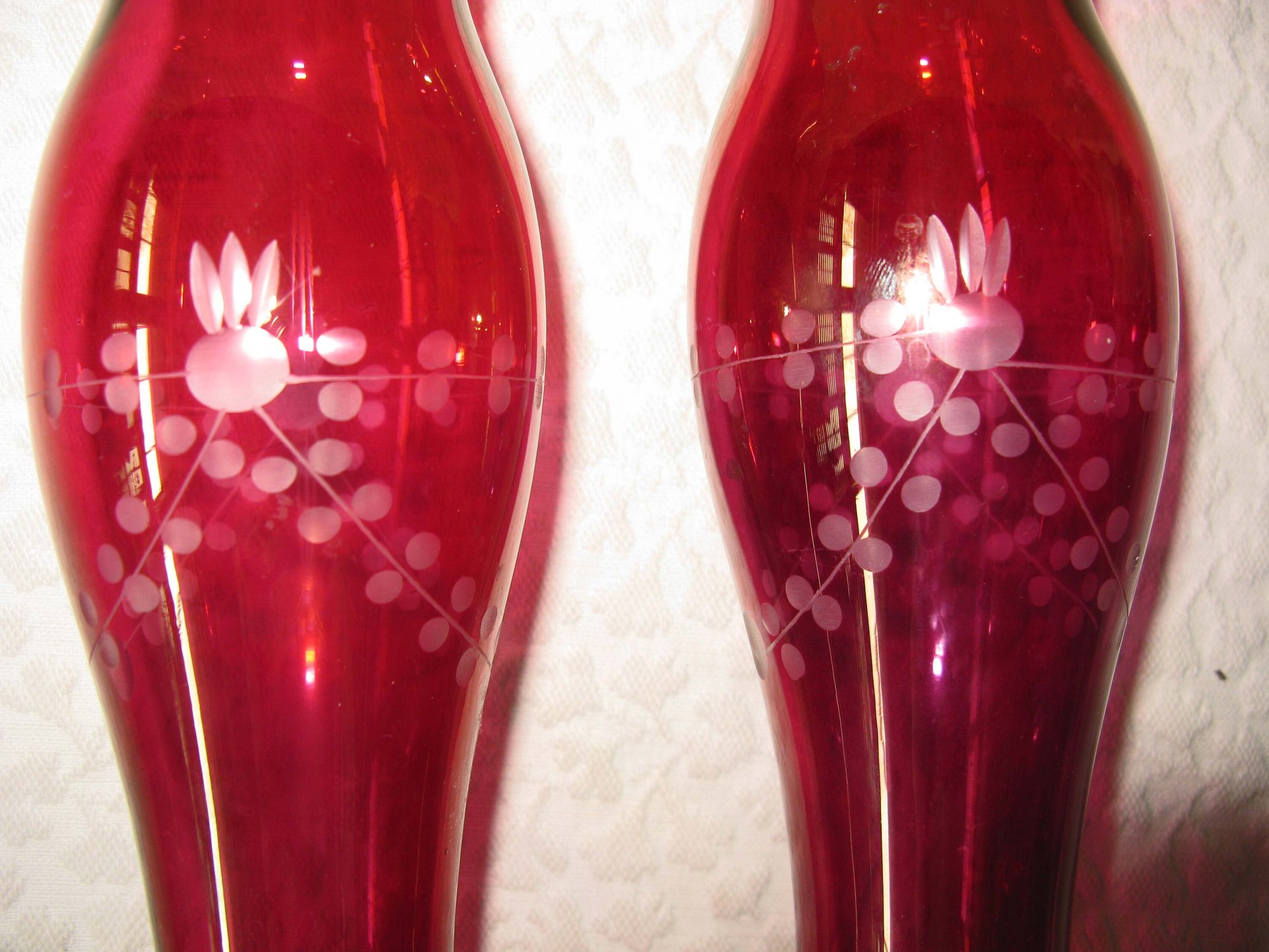 Vintage Pair Etched Cranberry Glass Flower Bud Vase Pair 2 Ruby Flash Style Bohemian Glass Shabby Decor Style  Farmhouse WhenRosesBloom