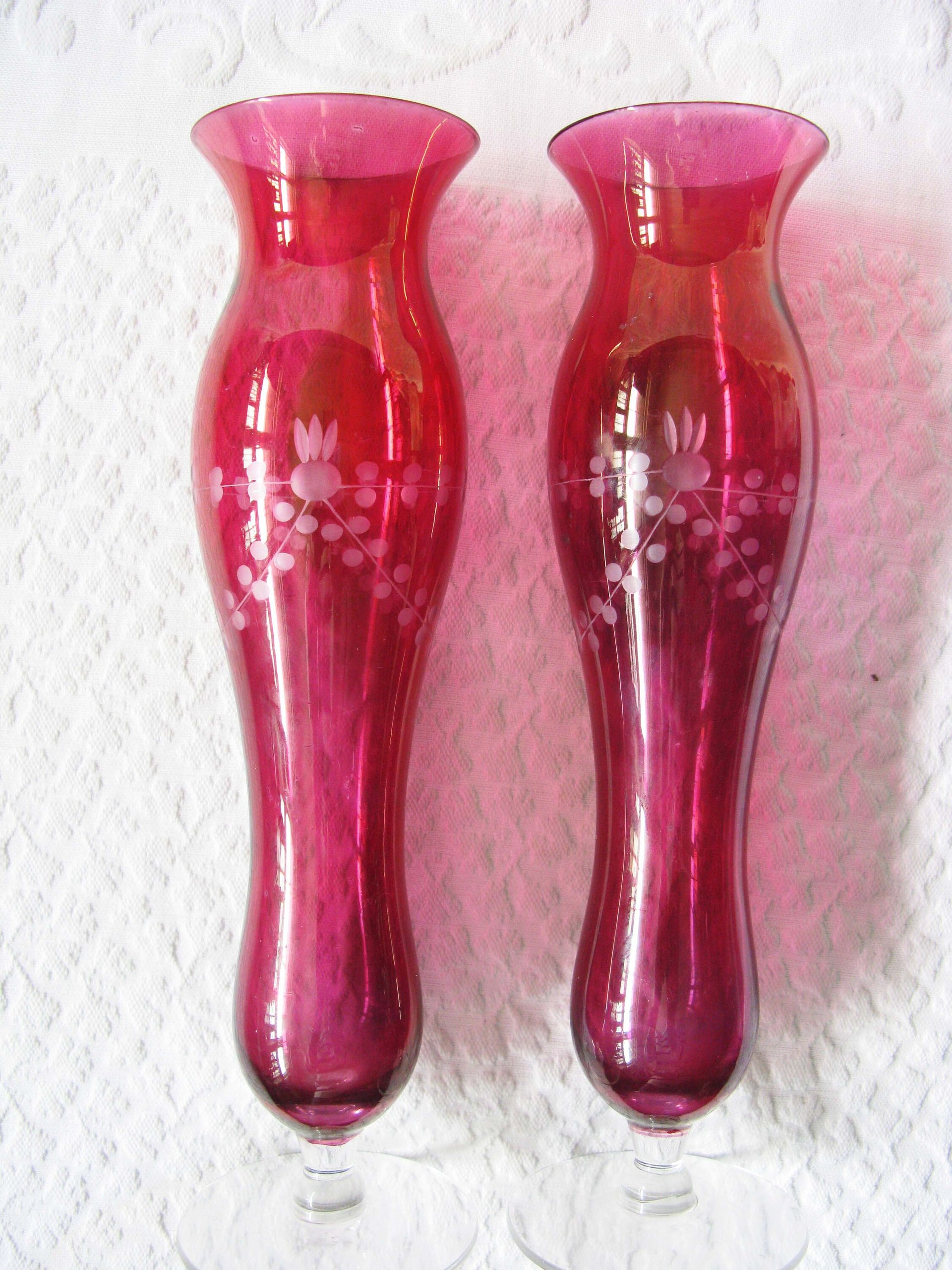 Vintage Pair Etched Cranberry Glass Flower Bud Vase Pair 2 Ruby Flash Style Bohemian Glass Shabby Decor Style  Farmhouse WhenRosesBloom