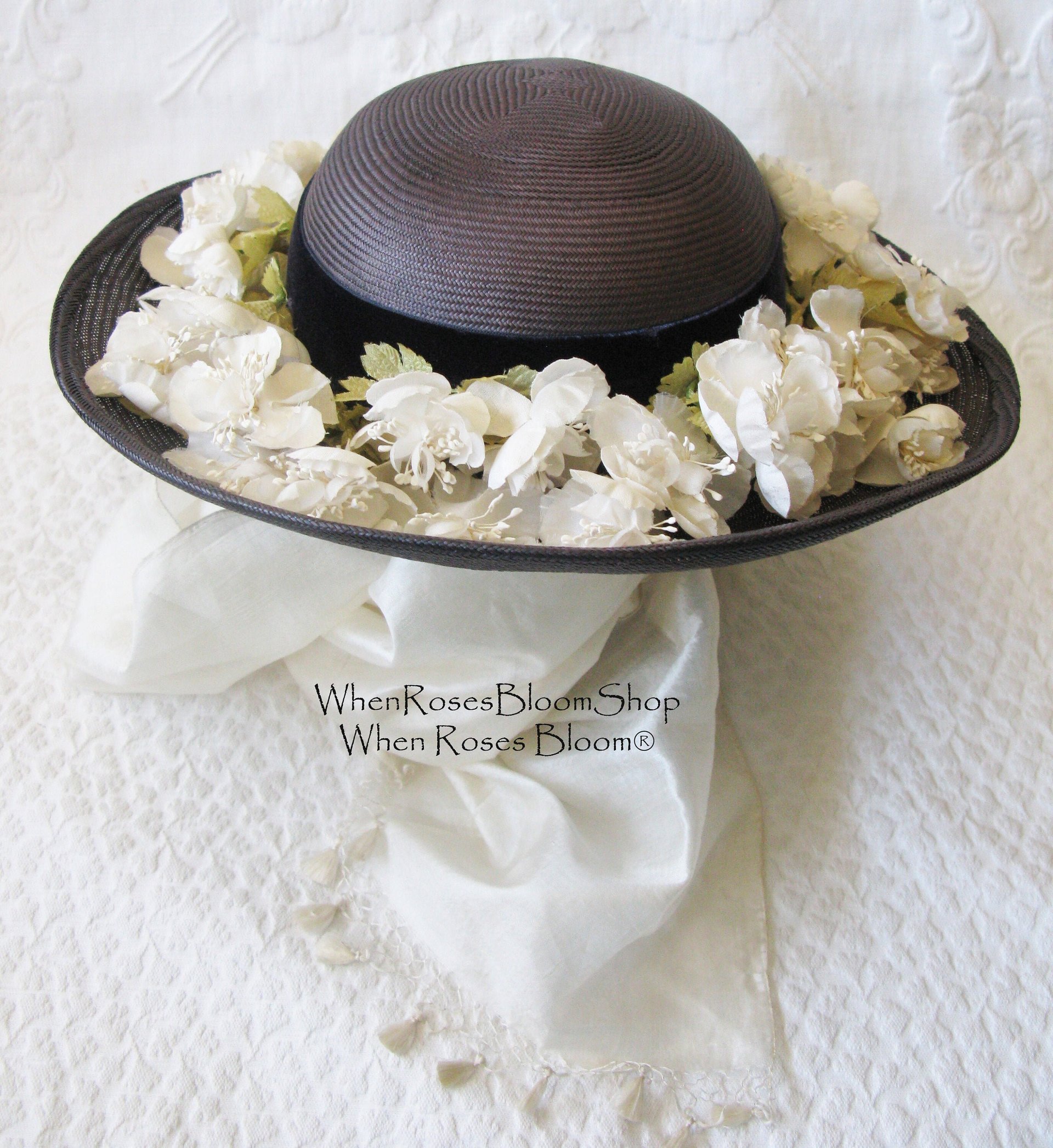 Vintage Blue Straw Hat Classic  Flowers Garden Tea Party Hat Summer Straw Hat with Flowers Mid Century Elegant Cosplay WhenRosesBloom