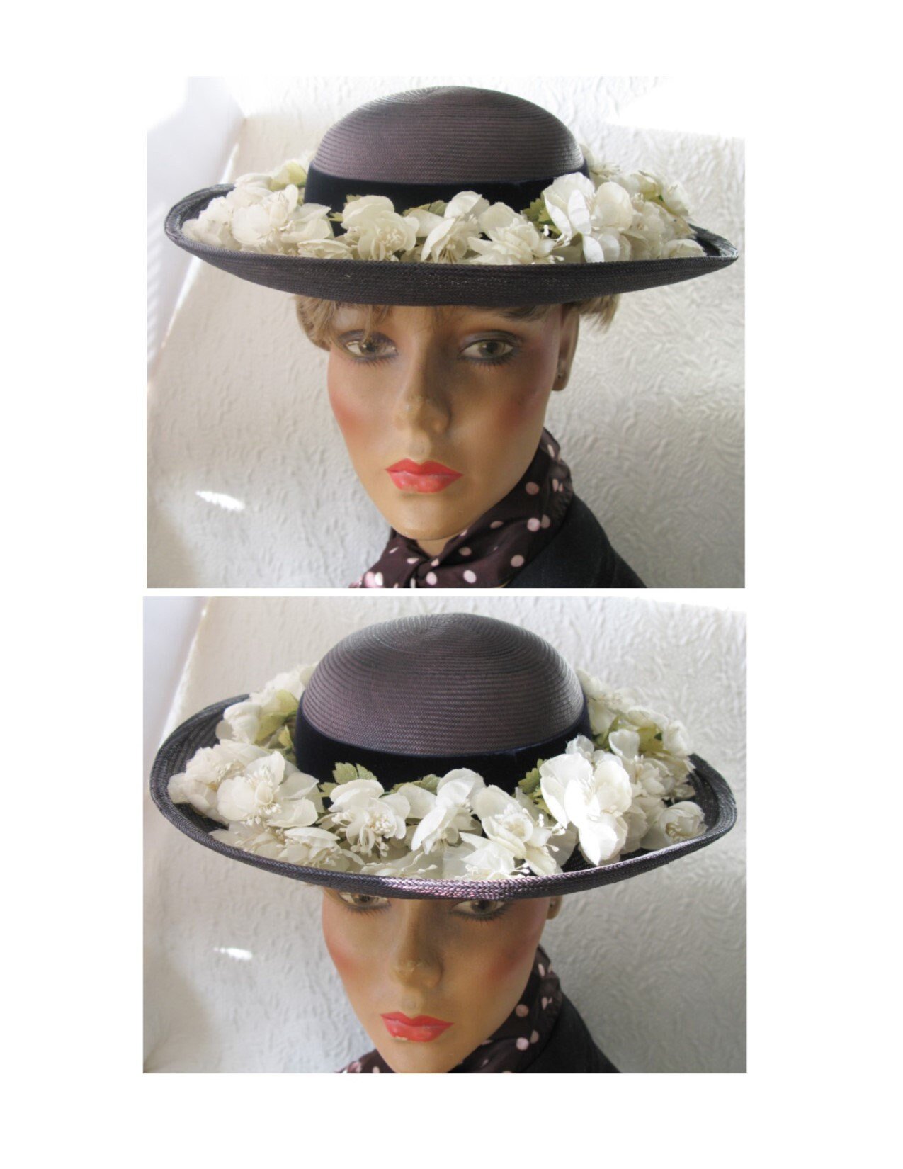 Vintage Blue Straw Hat Classic  Flowers Garden Tea Party Hat Summer Straw Hat with Flowers Mid Century Elegant Cosplay WhenRosesBloom