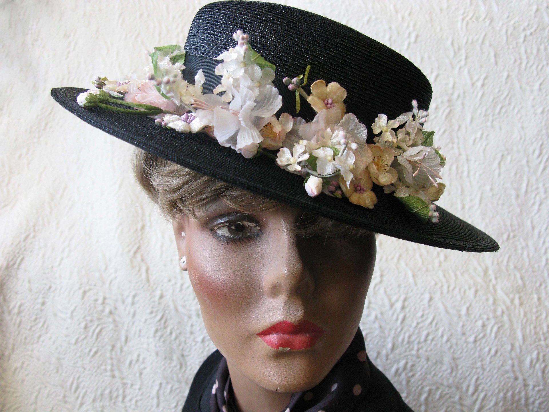 Vintage Black Straw Hat Classic  Flowers Garden Tea Party Hat Summer Straw Hat with Flowers Elegant Cosplay WhenRosesBloom