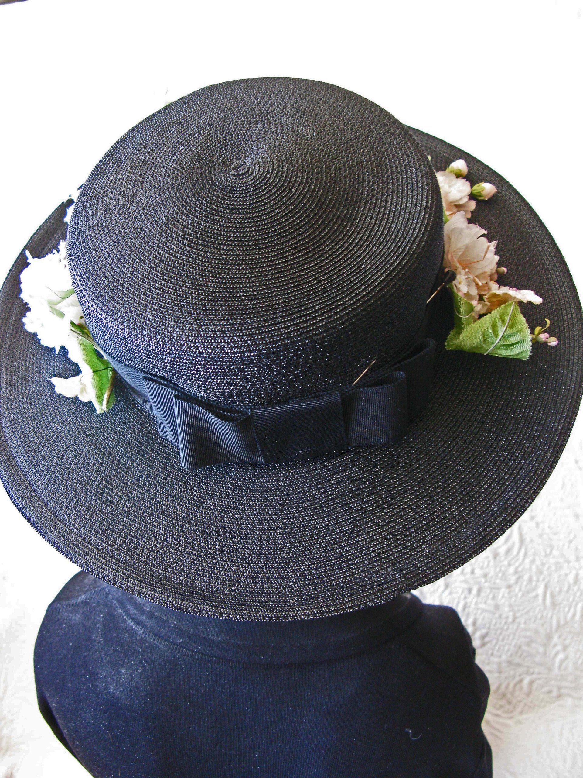 Vintage Black Straw Hat Classic  Flowers Garden Tea Party Hat Summer Straw Hat with Flowers Elegant Cosplay WhenRosesBloom