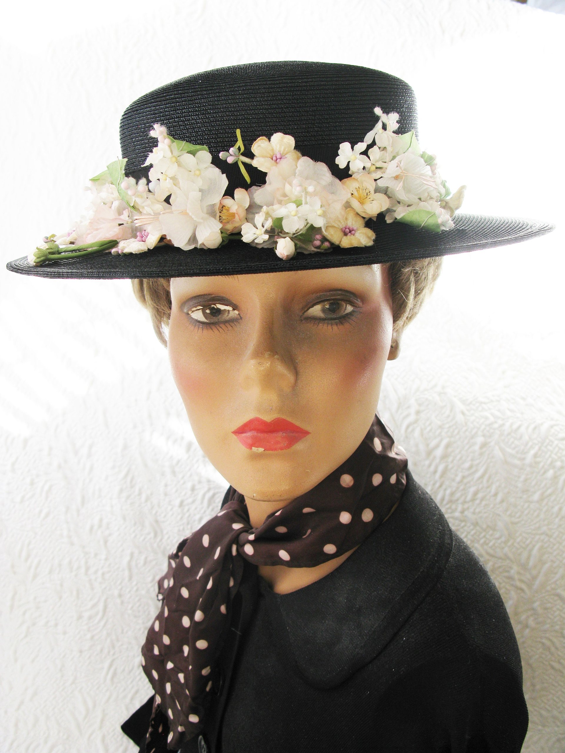 Vintage Black Straw Hat Classic  Flowers Garden Tea Party Hat Summer Straw Hat with Flowers Elegant Cosplay WhenRosesBloom
