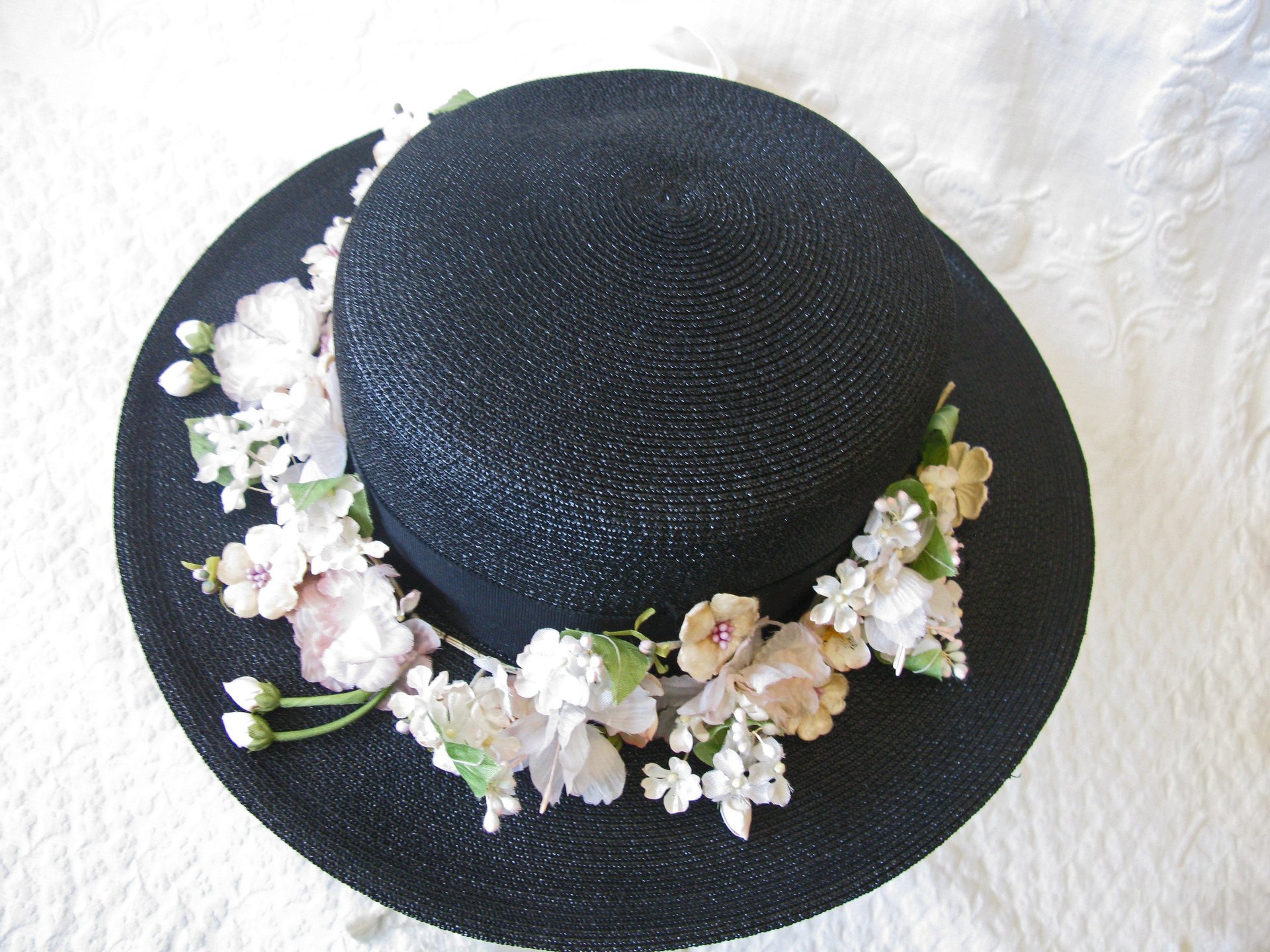 Vintage Black Straw Hat Classic  Flowers Garden Tea Party Hat Summer Straw Hat with Flowers Elegant Cosplay WhenRosesBloom