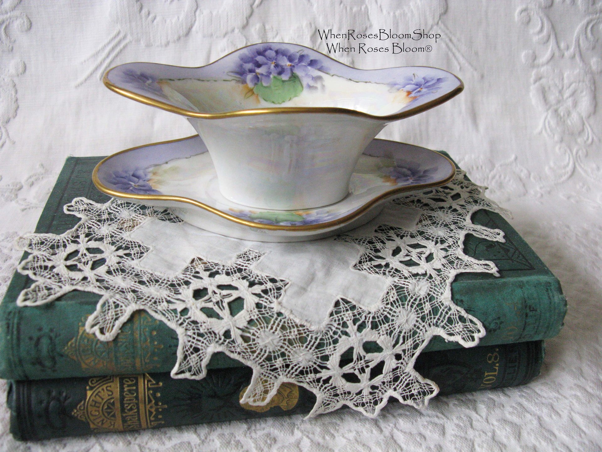 Vintage Violet China Sauce Gravy Jam Dish with Plate Hand Painted 1900's Edwardian Victorian Downton Cottage Shabby Chic WhenRosesBloom