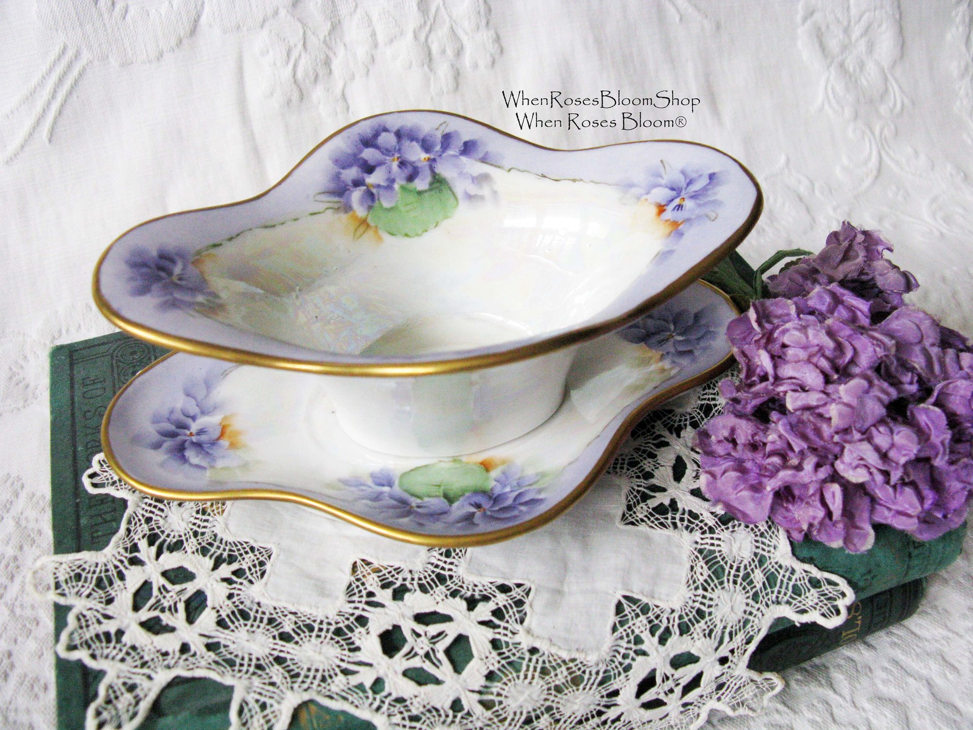 Vintage Violet China Sauce Gravy Jam Dish with Plate Hand Painted 1900's Edwardian Victorian Downton Cottage Shabby Chic WhenRosesBloom
