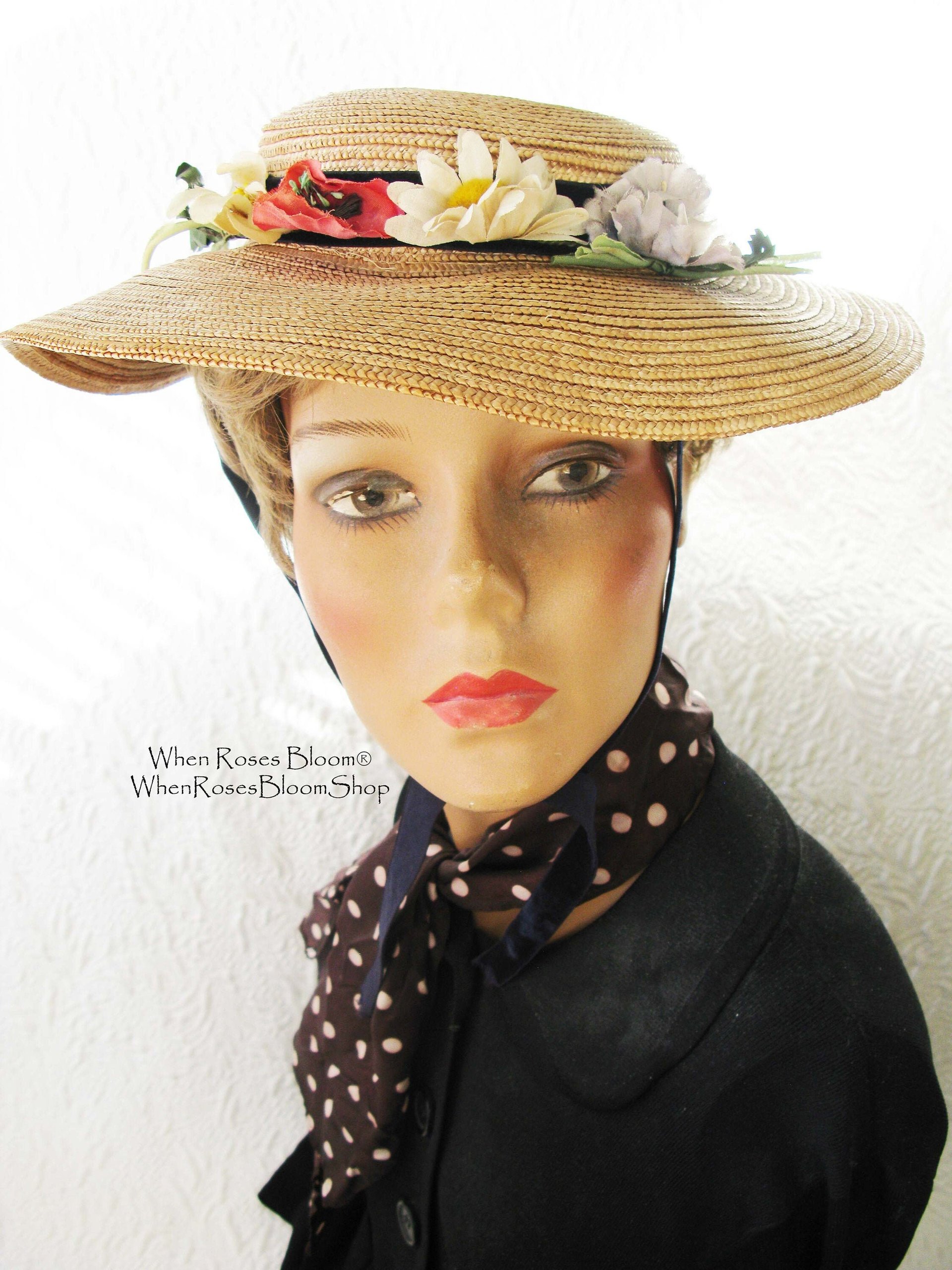 Straw Hat with flowers Vintage Classic Romantic Elegance Retro  Artsy Style Garden Wedding Tea Party Cosplay  WhenRosesBloom
